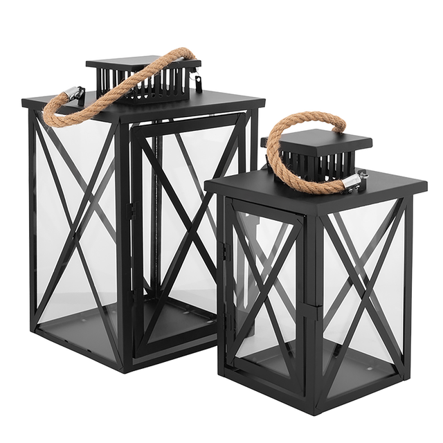 Latarnia na świeczkę czarna przeszklona 2 sztuki 33x20.5 cm