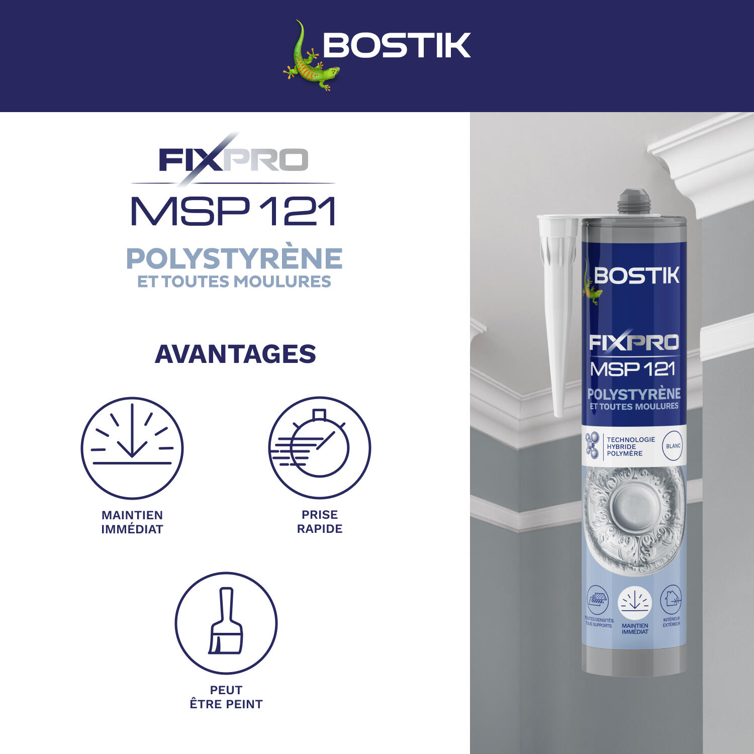 Colle fixation MS polymère Polystyrène moulure fixpro msp121 BOSTIK 290ml blanc - 3