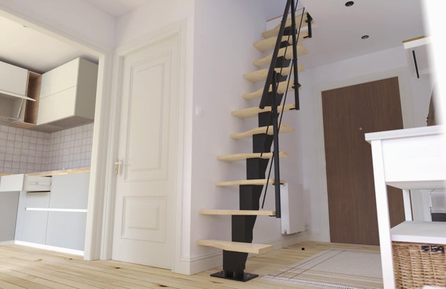 Escalier gain de place alu noir TEMPO, 11 marches, bouleau, l.70 cm