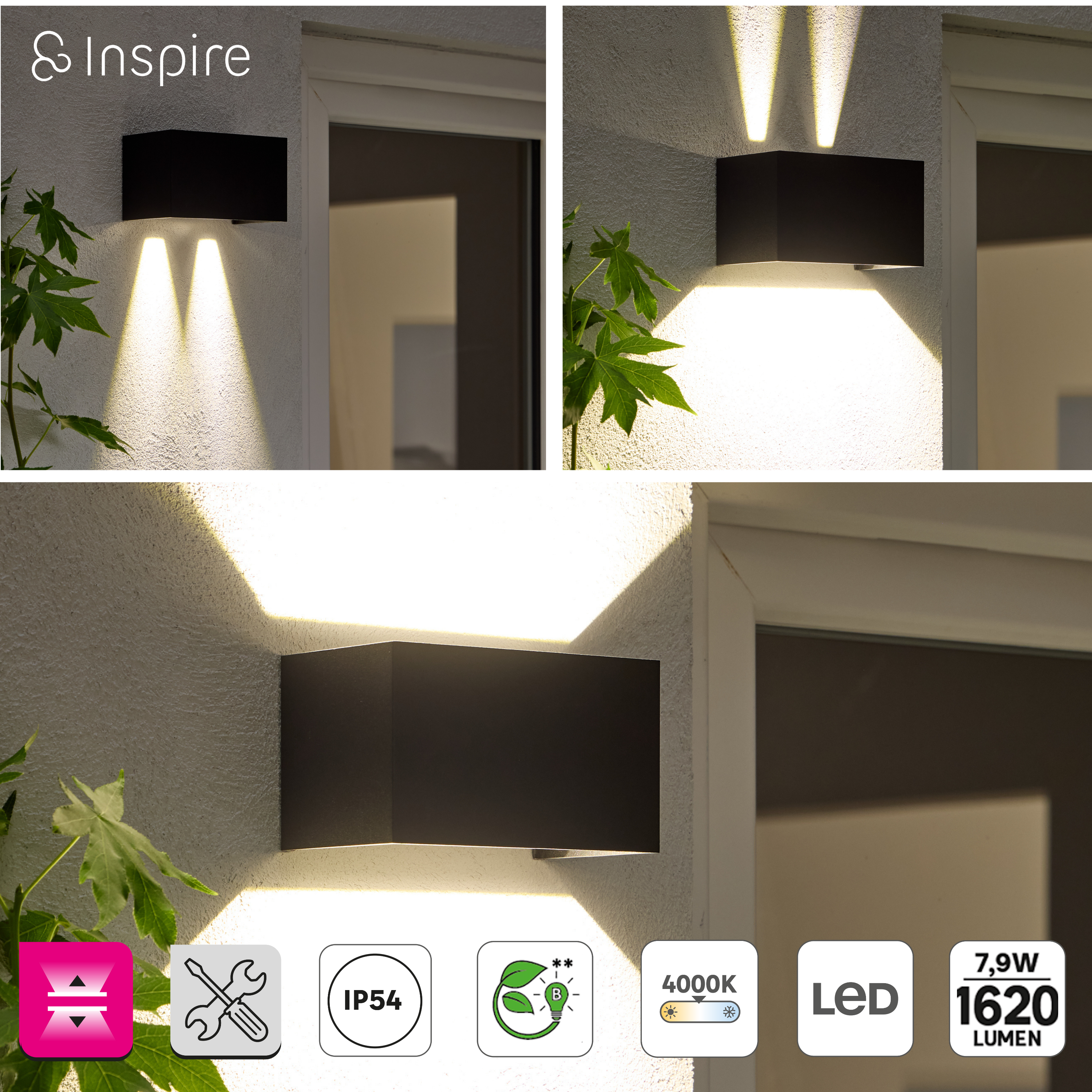 Aplique de parede LED de exterior ROXBURY - Retangular - 4000K - IP54 - preto - INSPIRE - 7