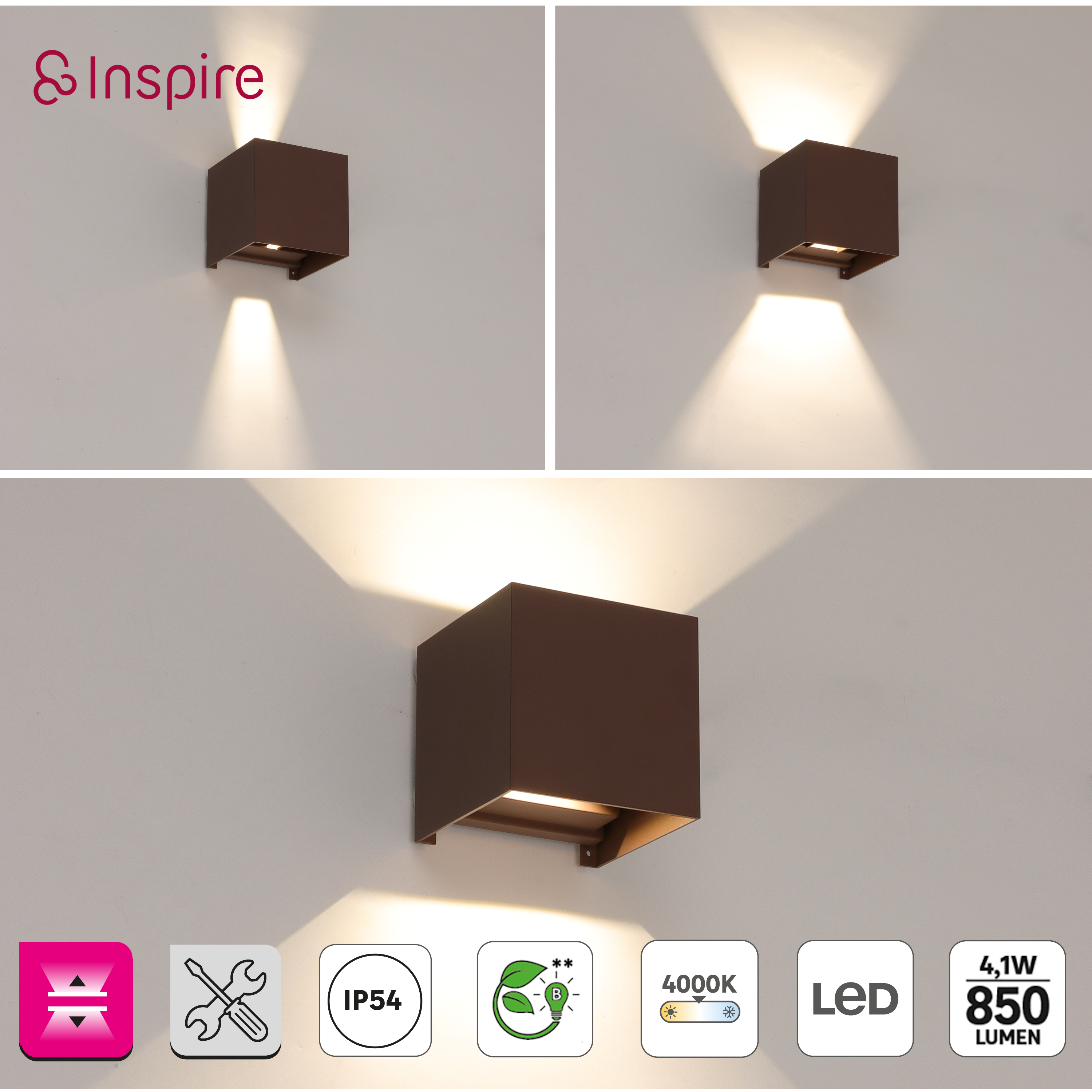 Applique LED da esterno Roxbury doppia luce marrone IP54, luce bianco naturale 850 lumen, INSPIRE - 11