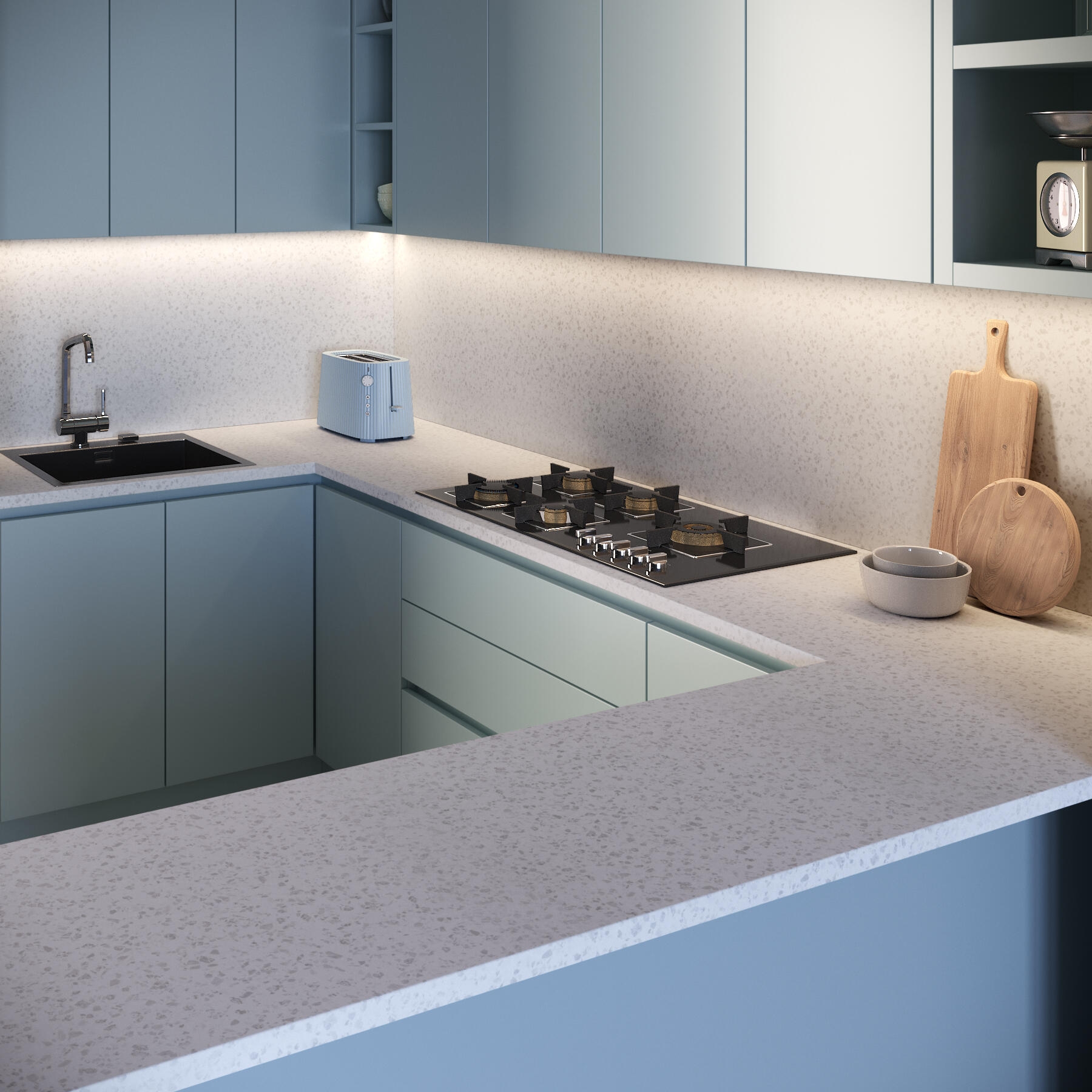 Crédence stratifié Noyer mokka/Terrazzo graniglia L.300 x H.64 cm, Ep.9 mm - 4