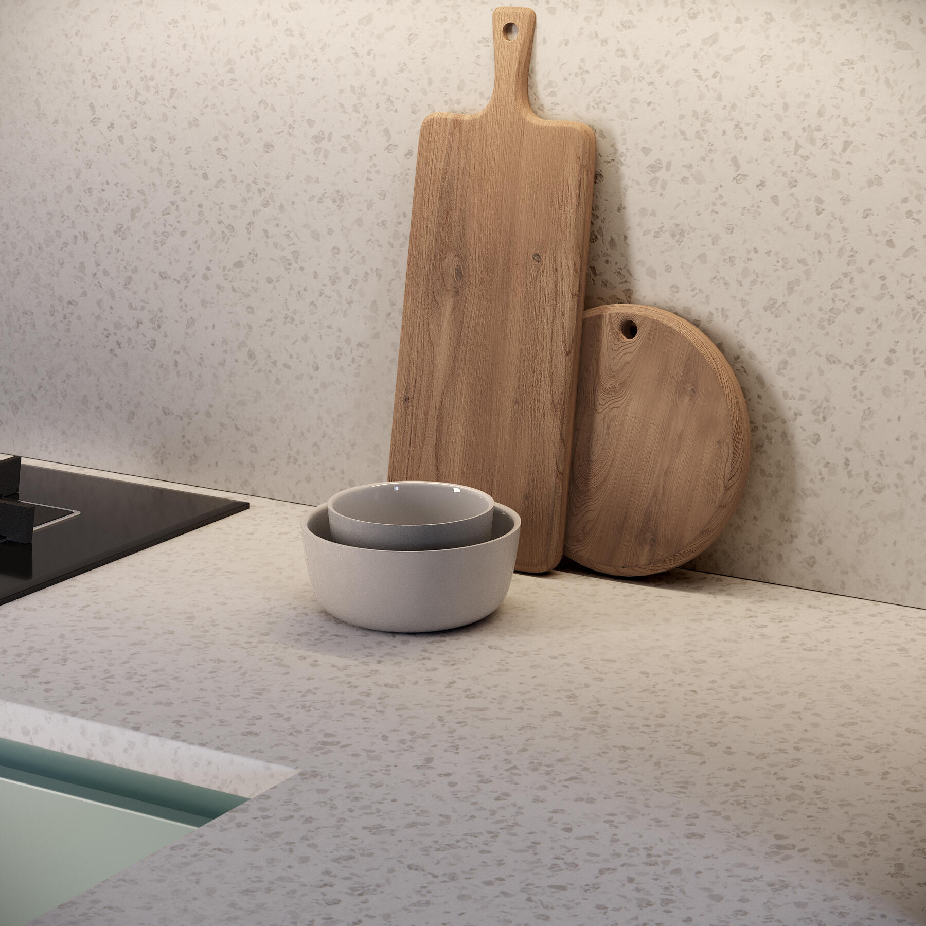 Crédence stratifié Noyer mokka/Terrazzo graniglia L.300 x H.64 cm, Ep.9 mm - 3