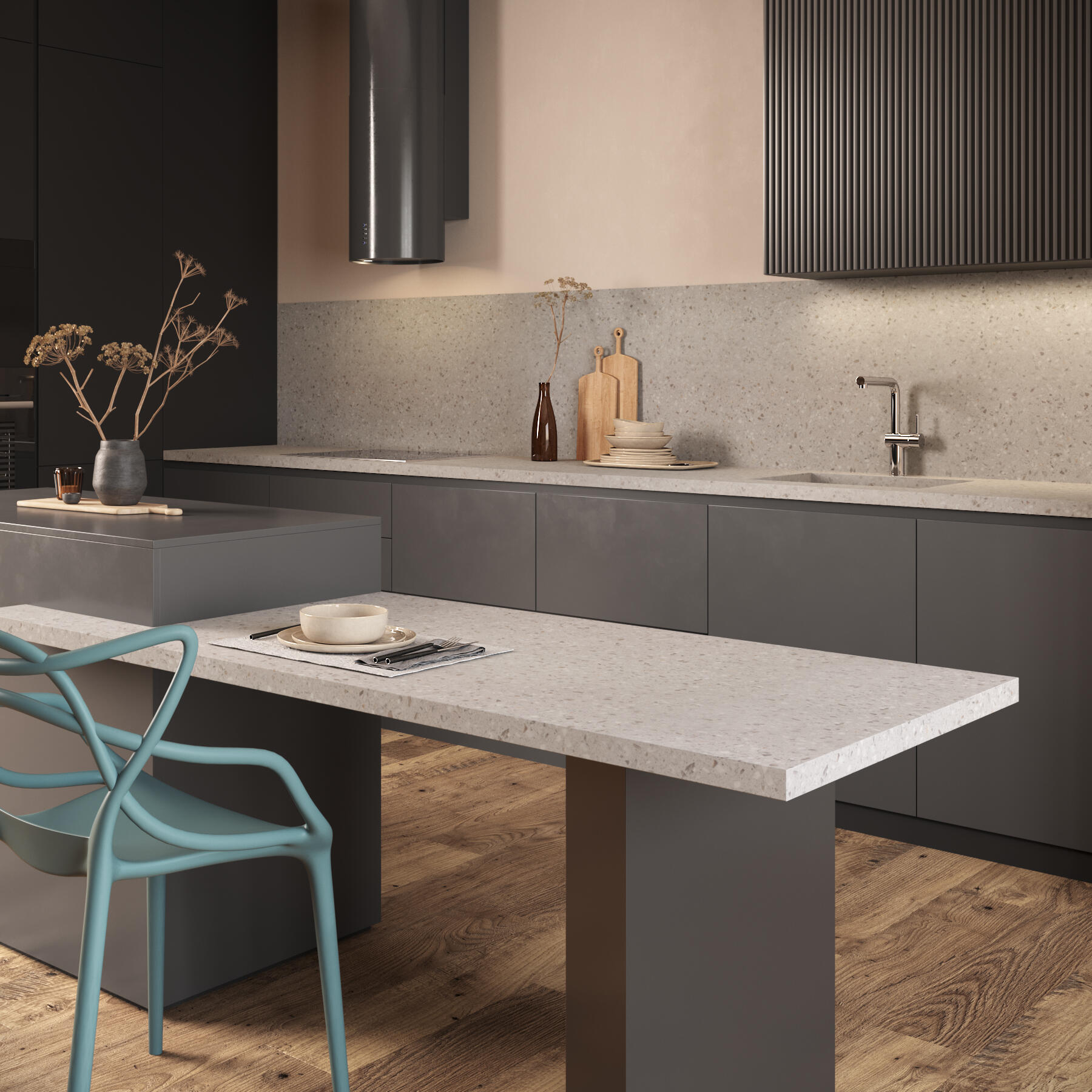 Crédence stratifié Chene arbois/Terrazzo granito L.300 x H.64 cm, Ep.9 mm - 2