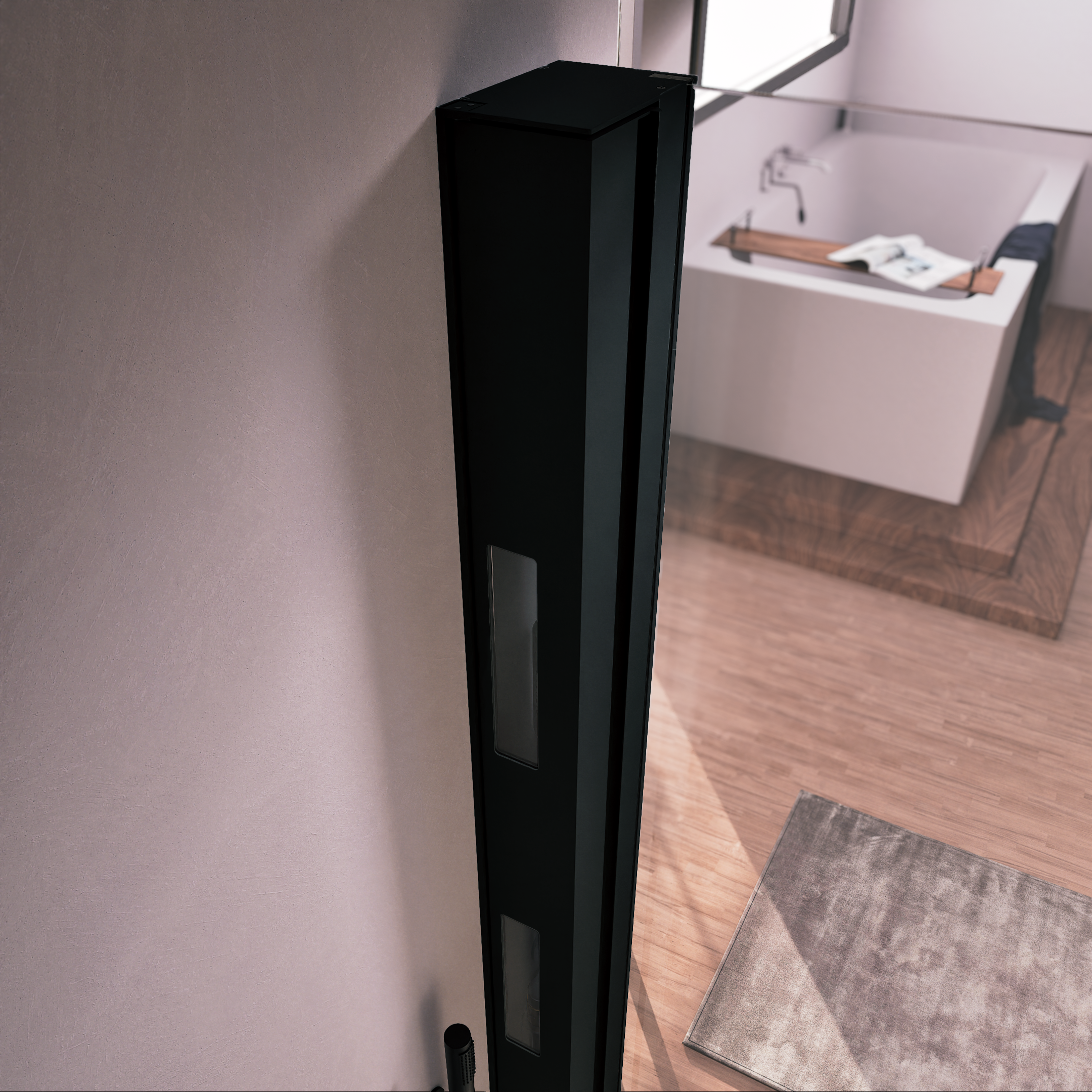 Mampara de ducha fija luxeo perfil aluminio negro (98-100)x195 cm cristal templado 8mm transparente antical reversible con ventana. barra fijación muro o techo recortable incluida doccia