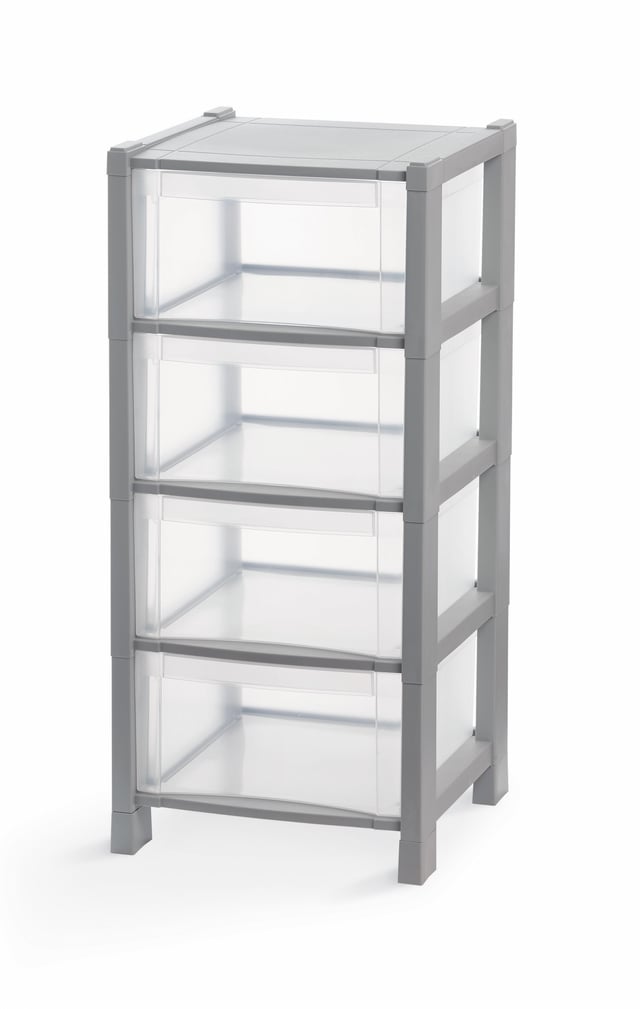 Cassettiera a colonna con 4 cassetti Tower 4, L 38 x P 38 x H 83 cm grigio / argento e trasparente