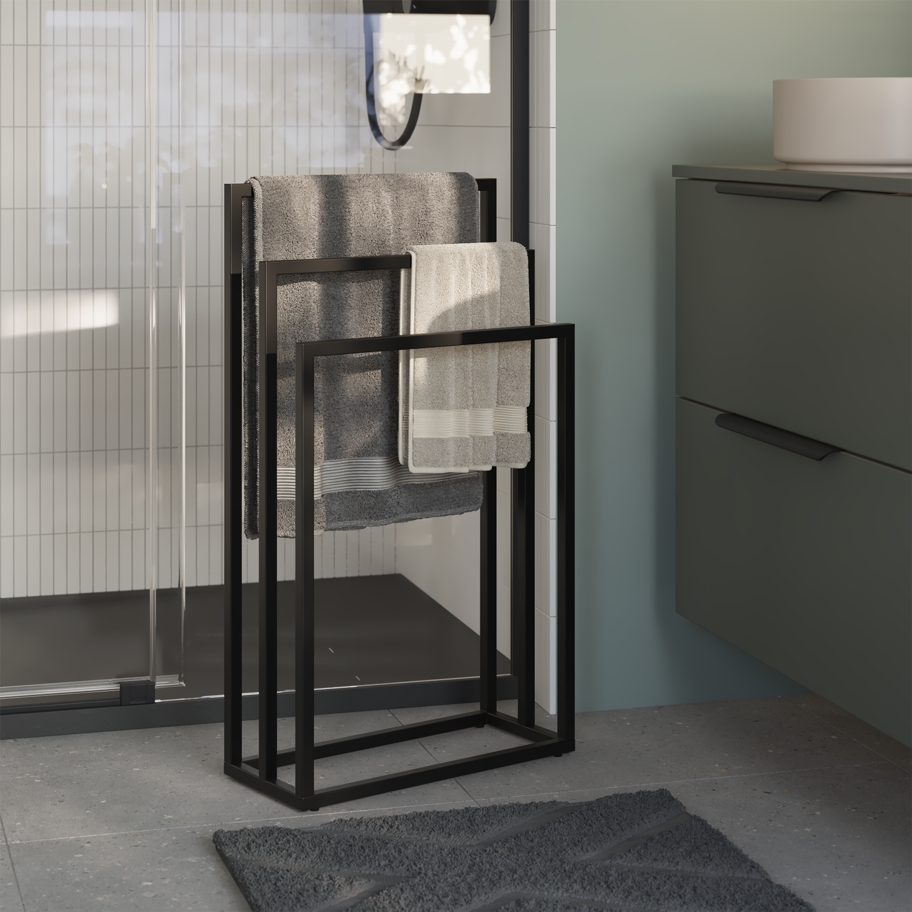 Stojak łazienkowy na ręczniki potrójny Quaddro czarny Sensea - 3