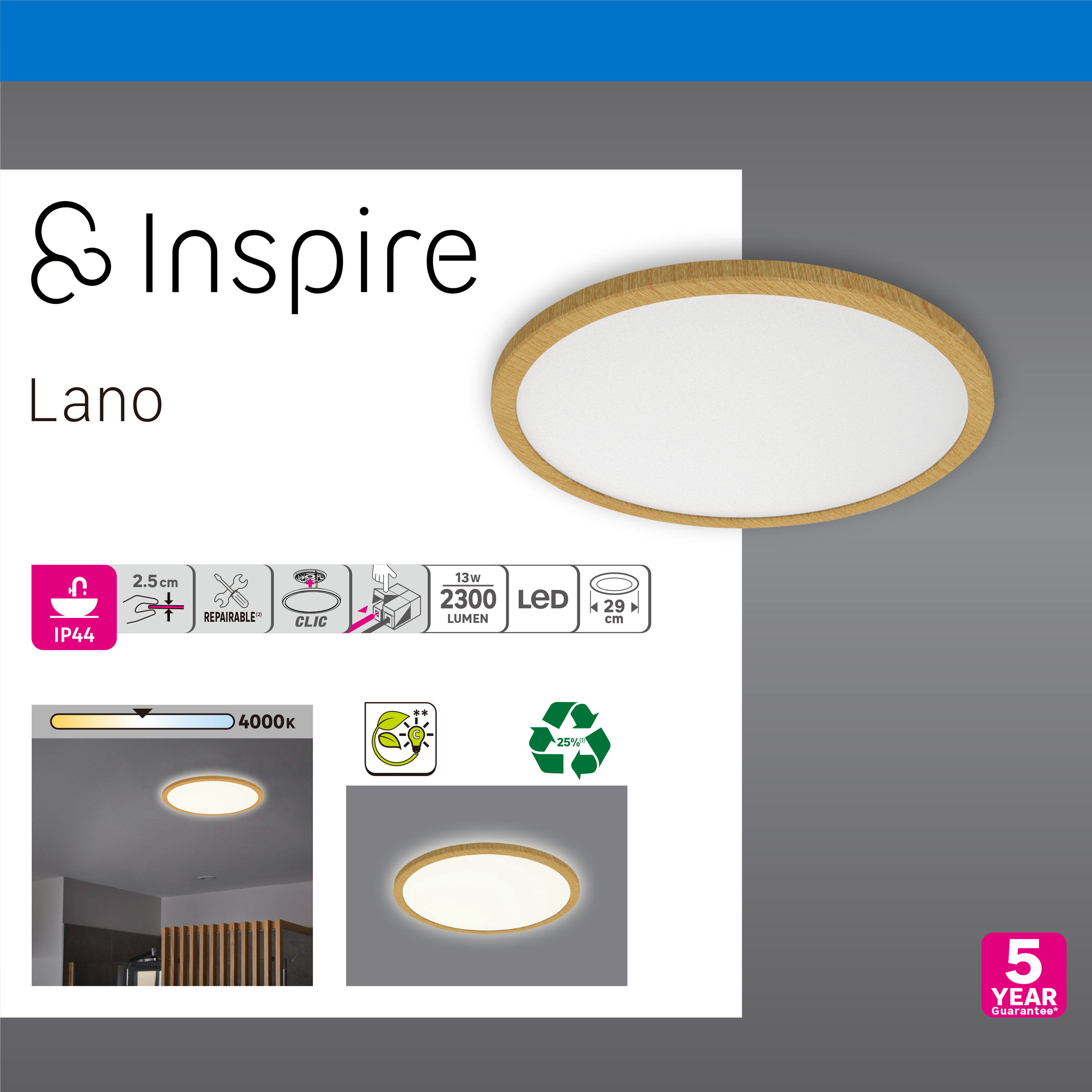 Plafon Lano drewno IP44 LED Inspire - 9