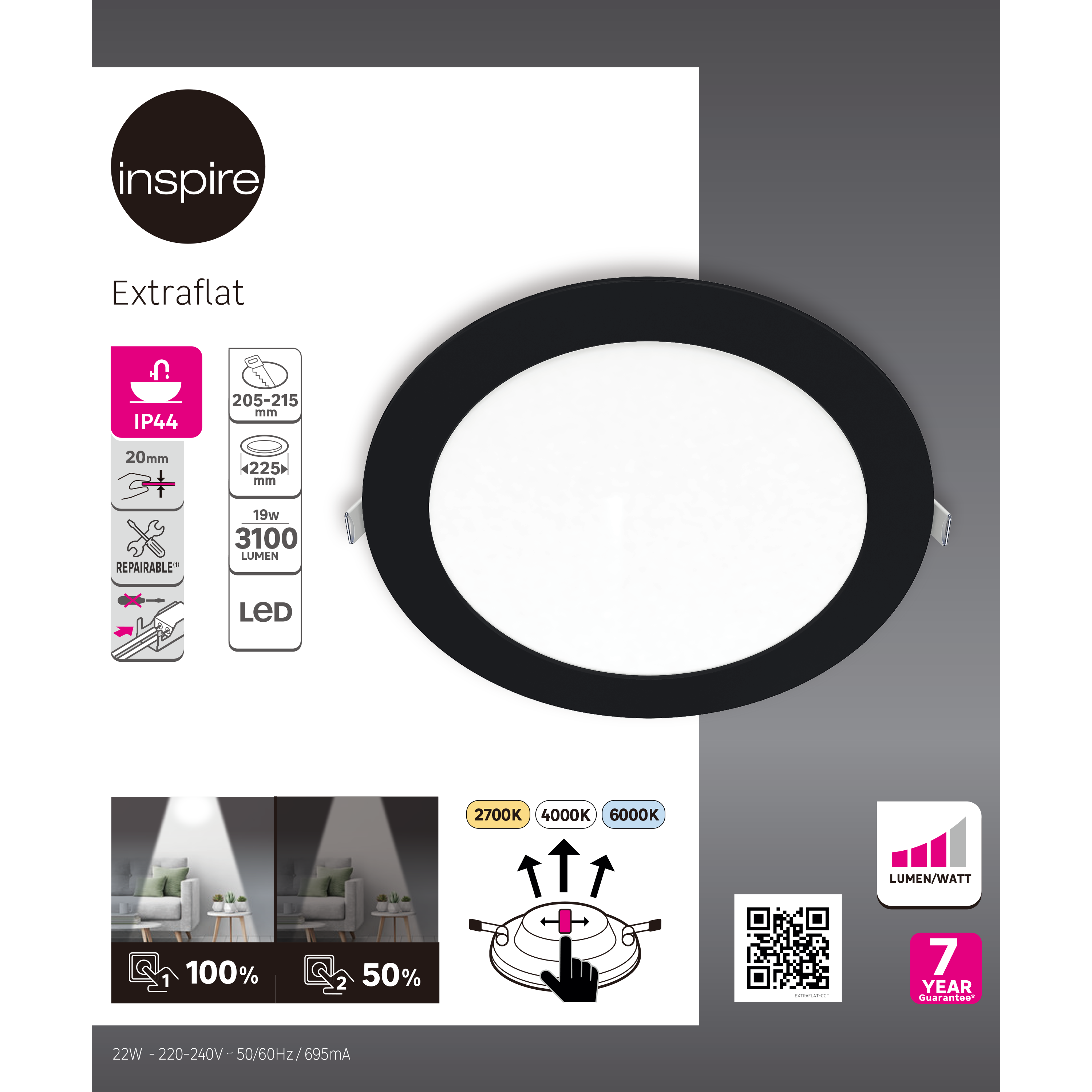 Oprawa stropowa Extraflat czarna 22 cm IP44 LED Inspire