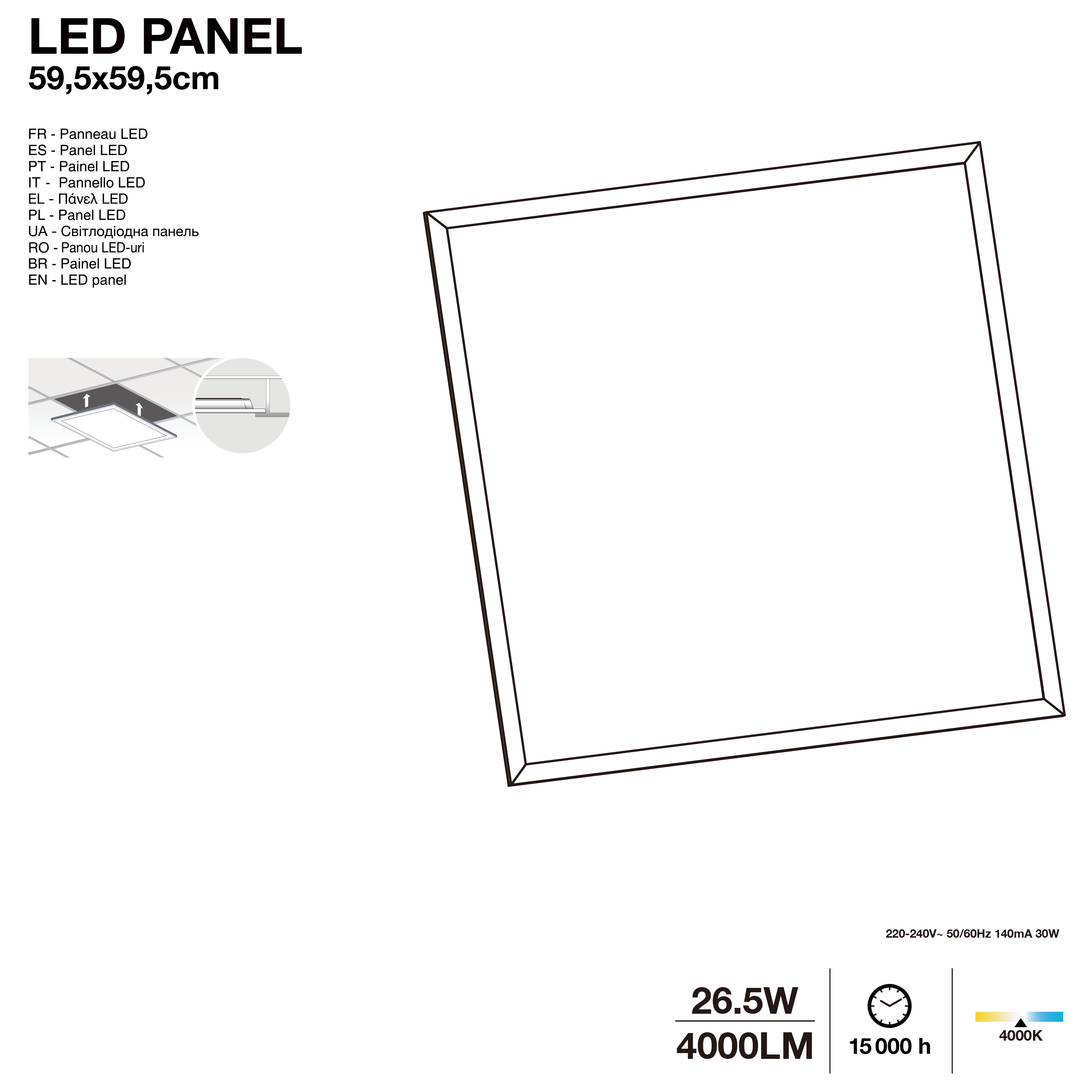 Panel LED biały 60 x 60 cm 4000 lm - 6