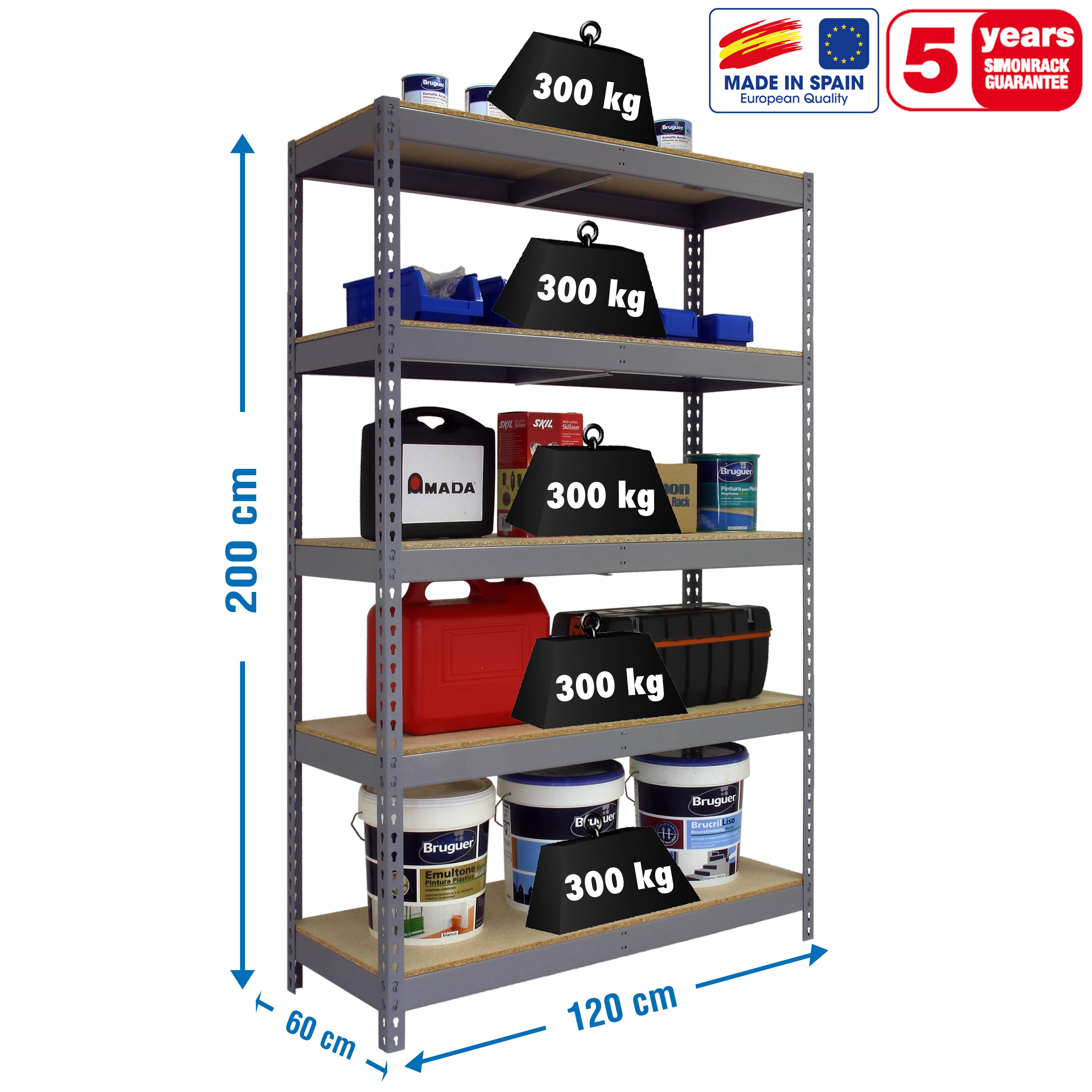 Estante metálica cinza 5 prateleiras madeira 120x60x200 cm 300 kg Simonrack - 3