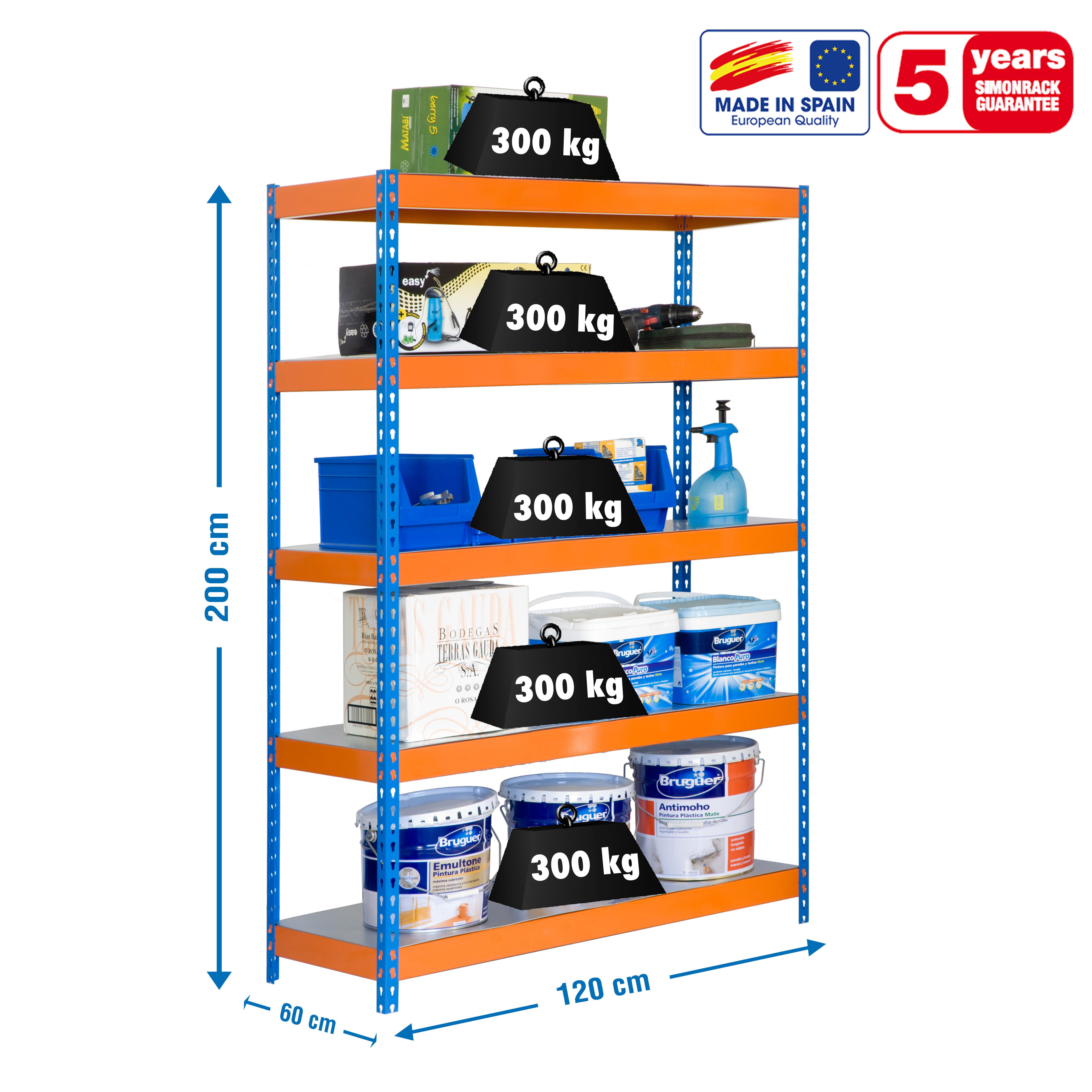 Estante metálica azul 5 prateleiras 120x60x200 cm 300 kg Simonrack - 4