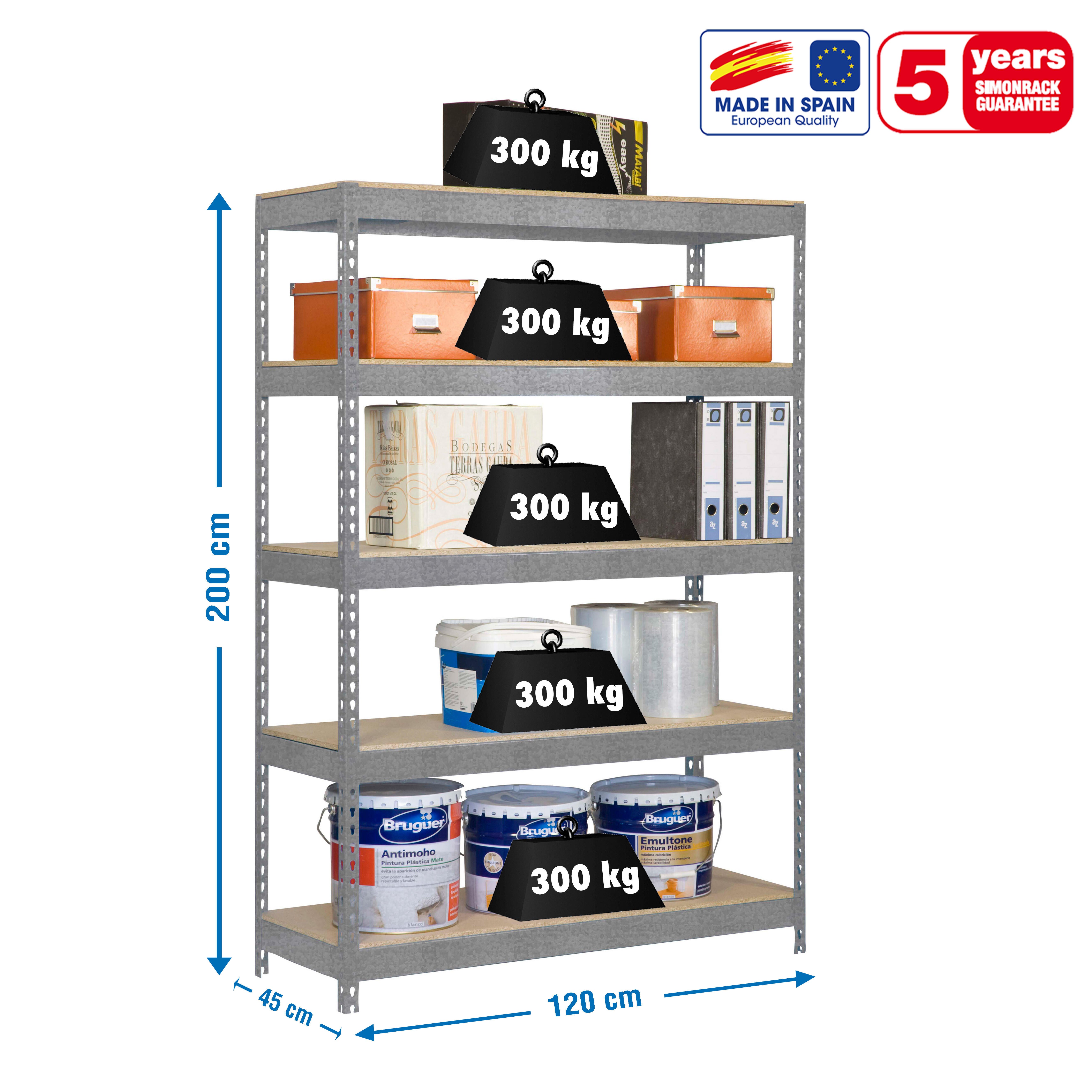 Estante metálica cinza 5 prateleiras madeira 120x45x200 cm 300 kg Simonrack - 2