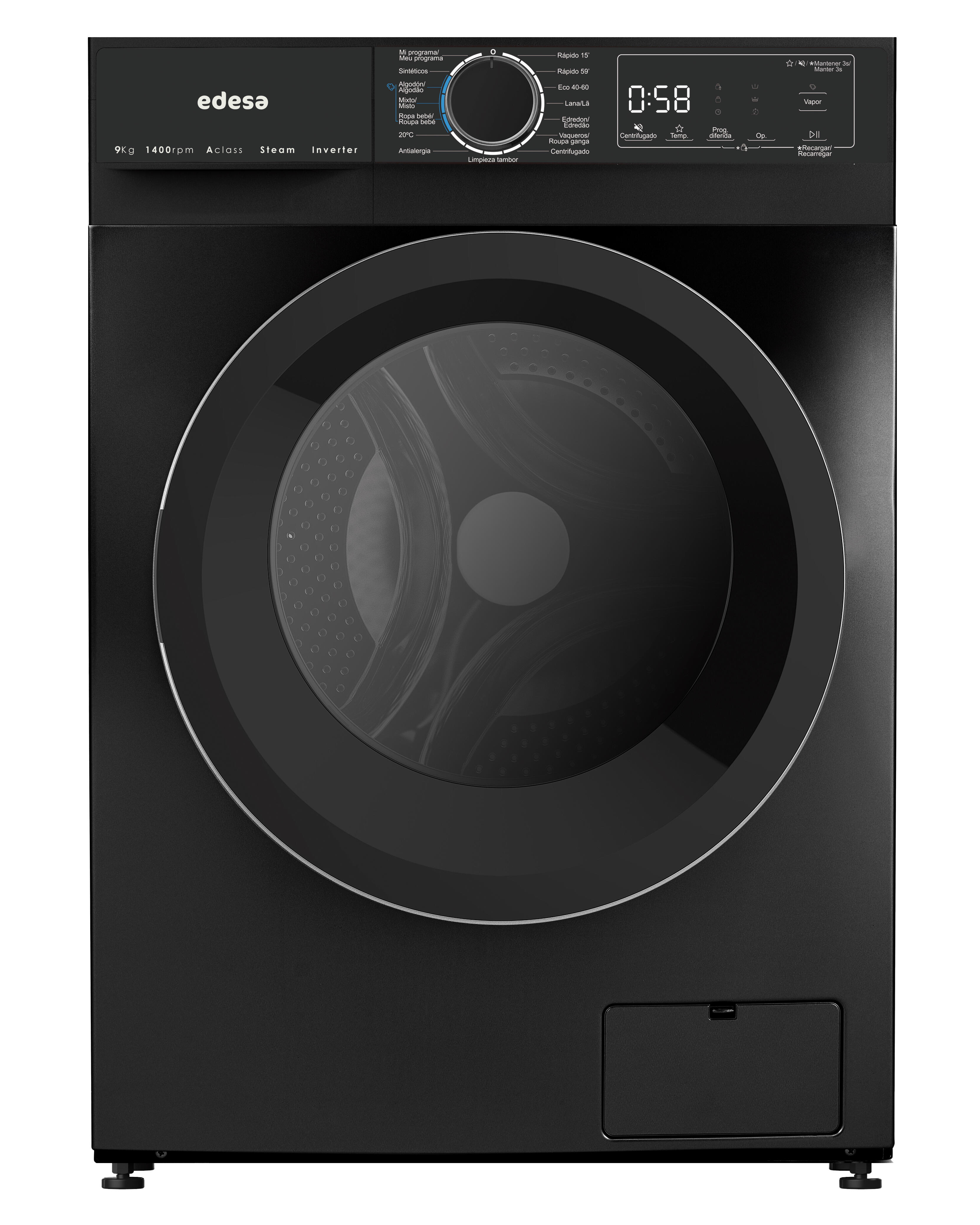 Lavadora edesa ewf 9400 mtbk carga frontal 9 kg 1400 rpm 18 programas clase a negro