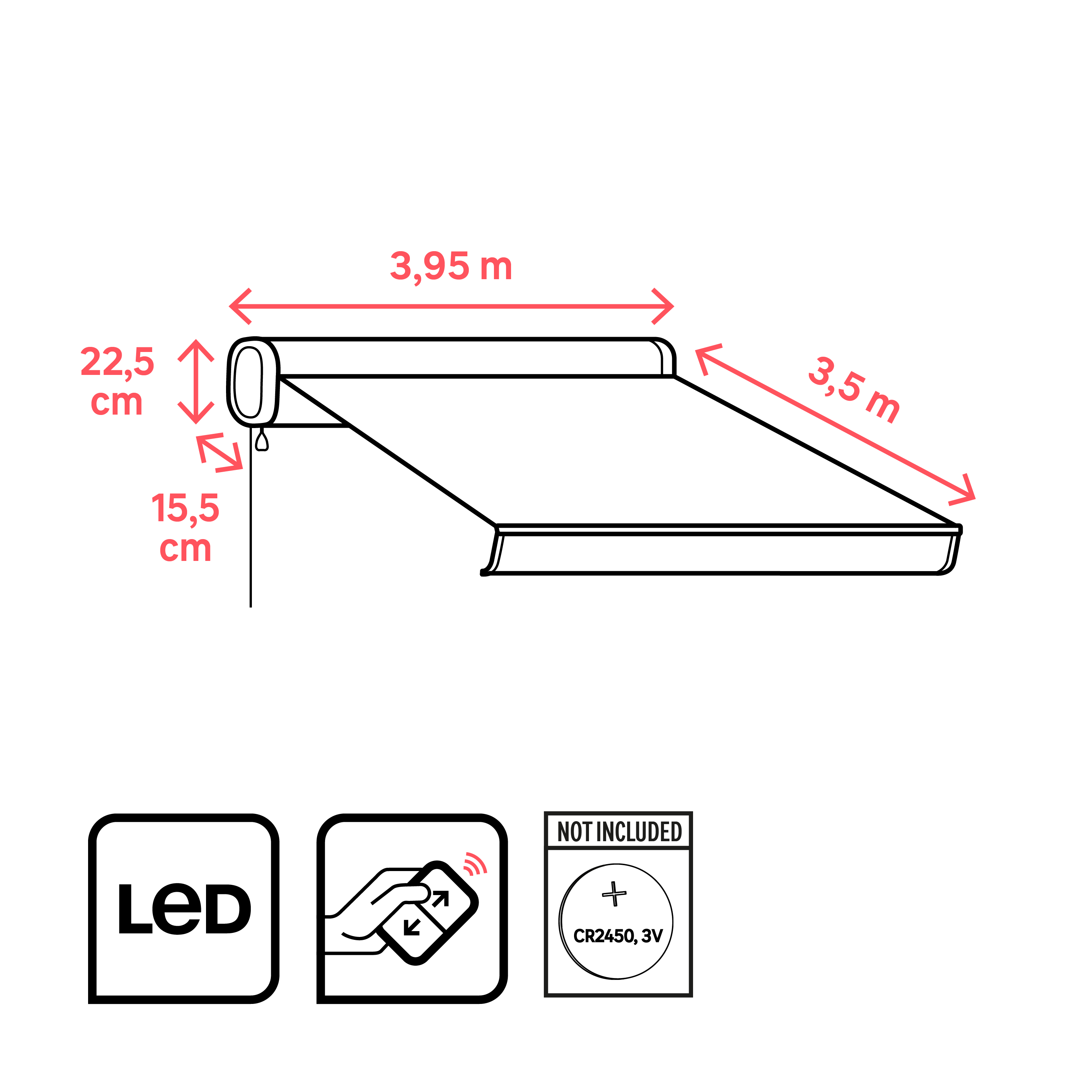 Store banne motorisé 3.95 x 3.5 m Loby L gris LED, toile acrylique gris - 4