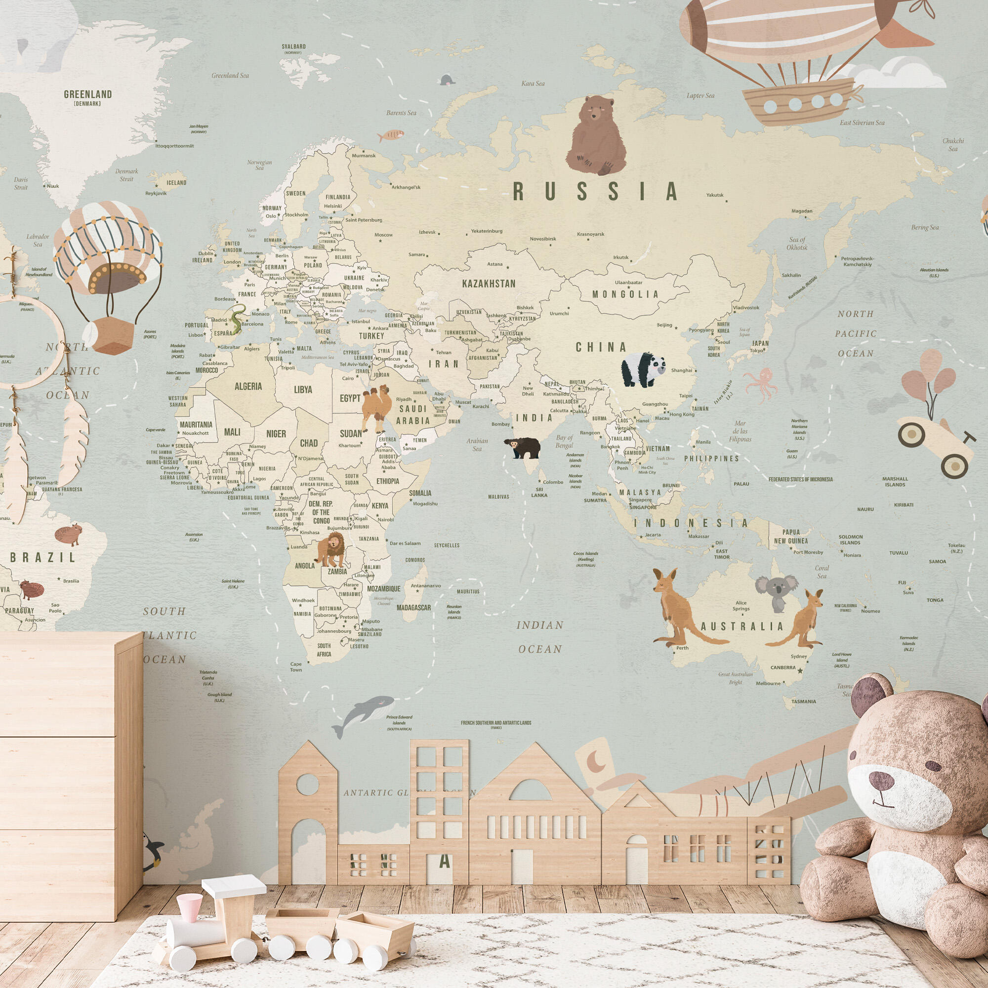 Mural adhesivo vinilo texturado infantil mapamundi sapere aude english multicolor 385 x 280 cm motif