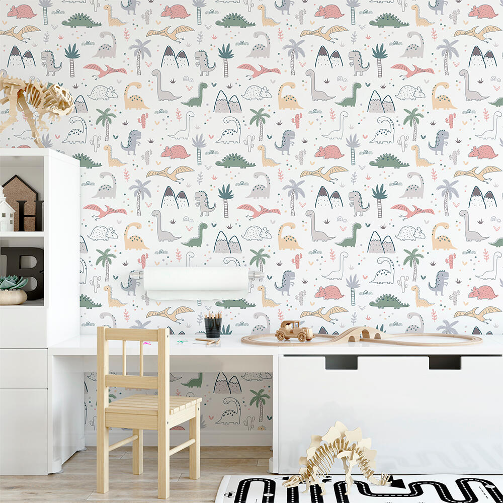 Papel pintado vinilo adhesivo infantil jurassic multicolor motif 129cmx2.6m lavable apto para cocinas o baños