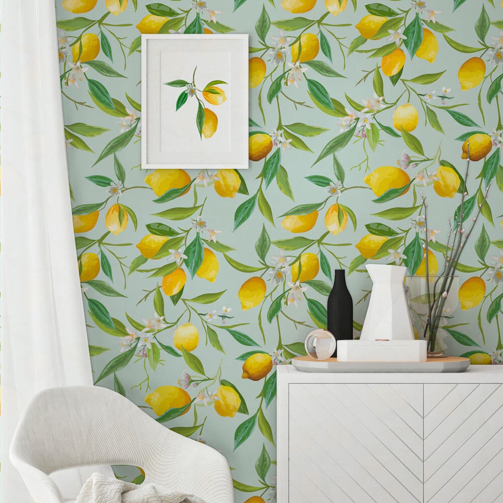 Papel pintado vinilo adhesivo floral vegetal limonero amarillo motif 129cmx2.8m extrafácil de limpiar apto para cocinas o baños