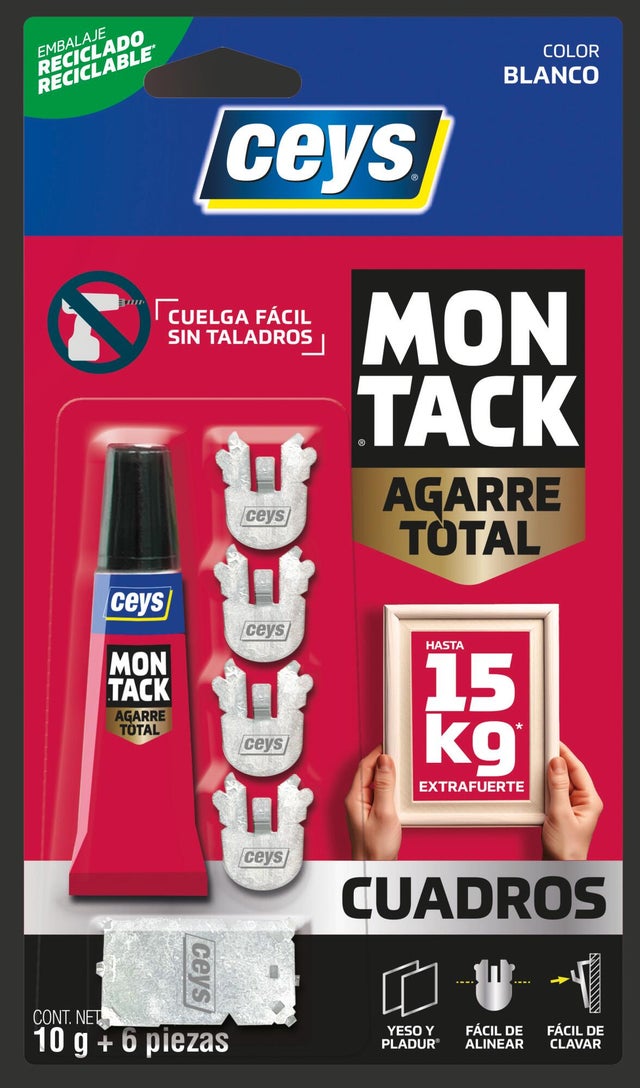 Adhesivo de montaje CEYS Montack Cuadros 10 gr + 6 ganchos blanco para yeso, placa de yeso, corcho, se puede reposicionar. Para fijar un material a una superficie.