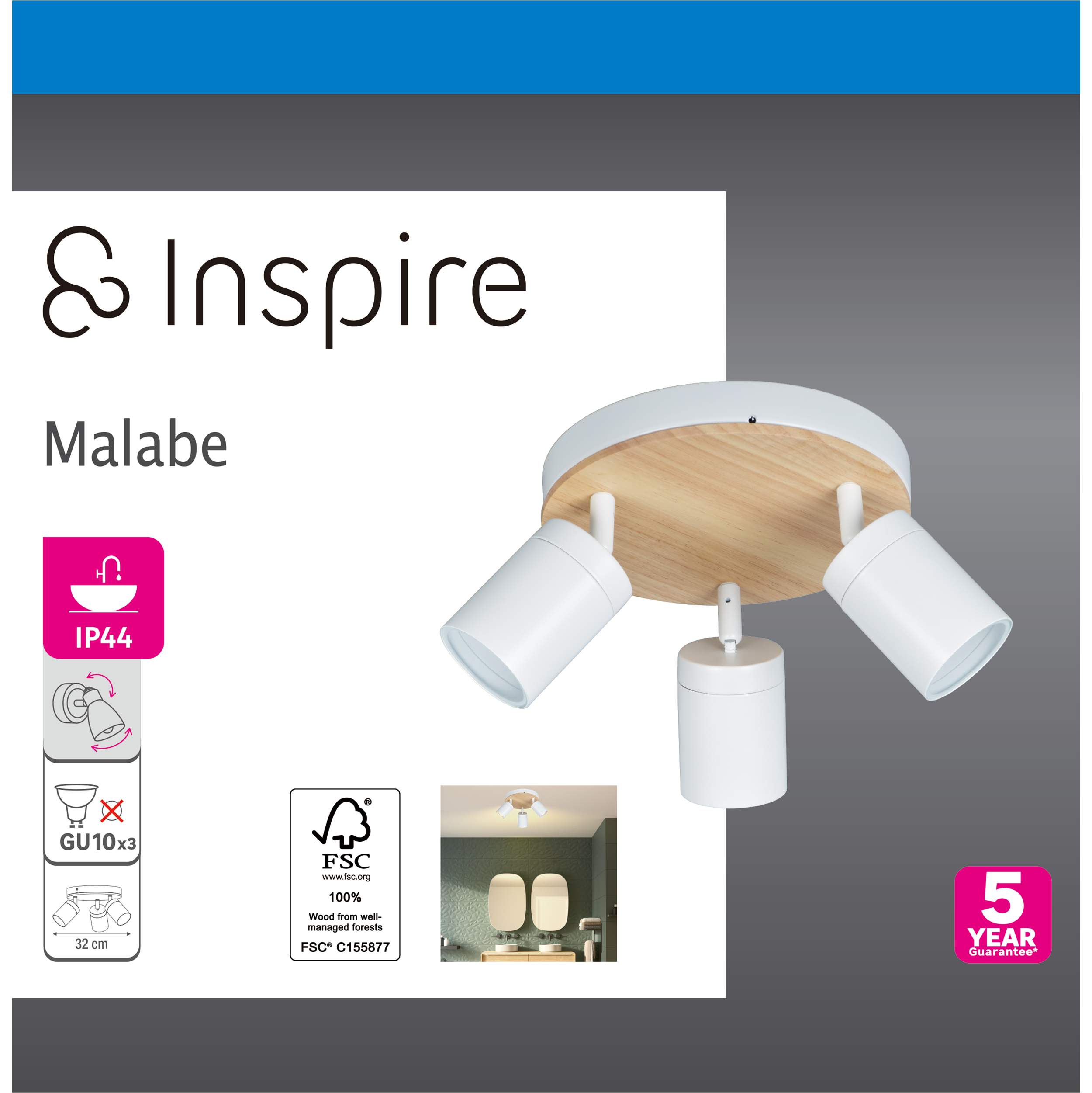 Plafon Malabe z reflektorkami 3xGU10 10W biało-drewniany IP44 Inspire - 5