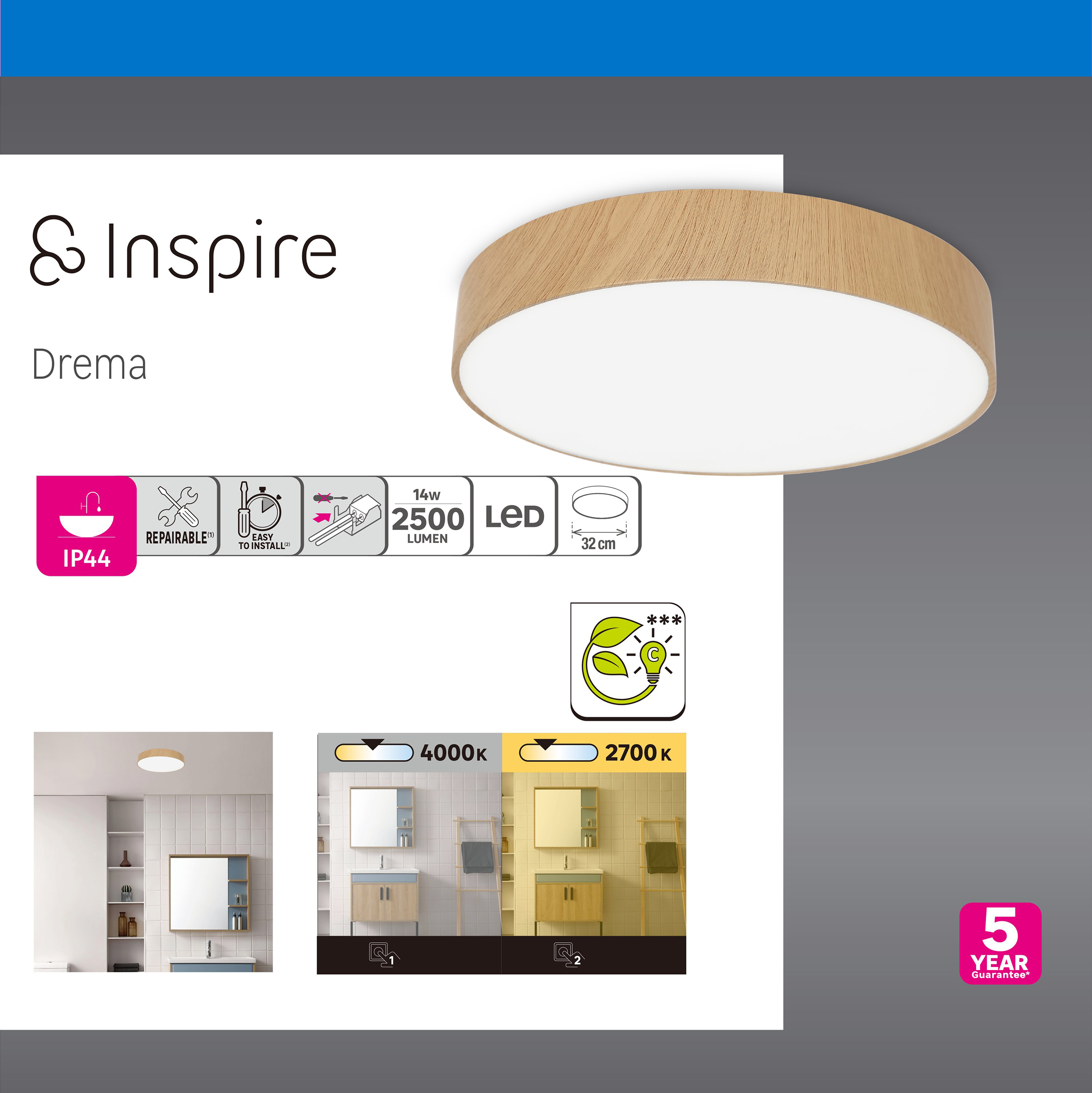 Plafon Drema drewno IP44 LED Inspire - 8
