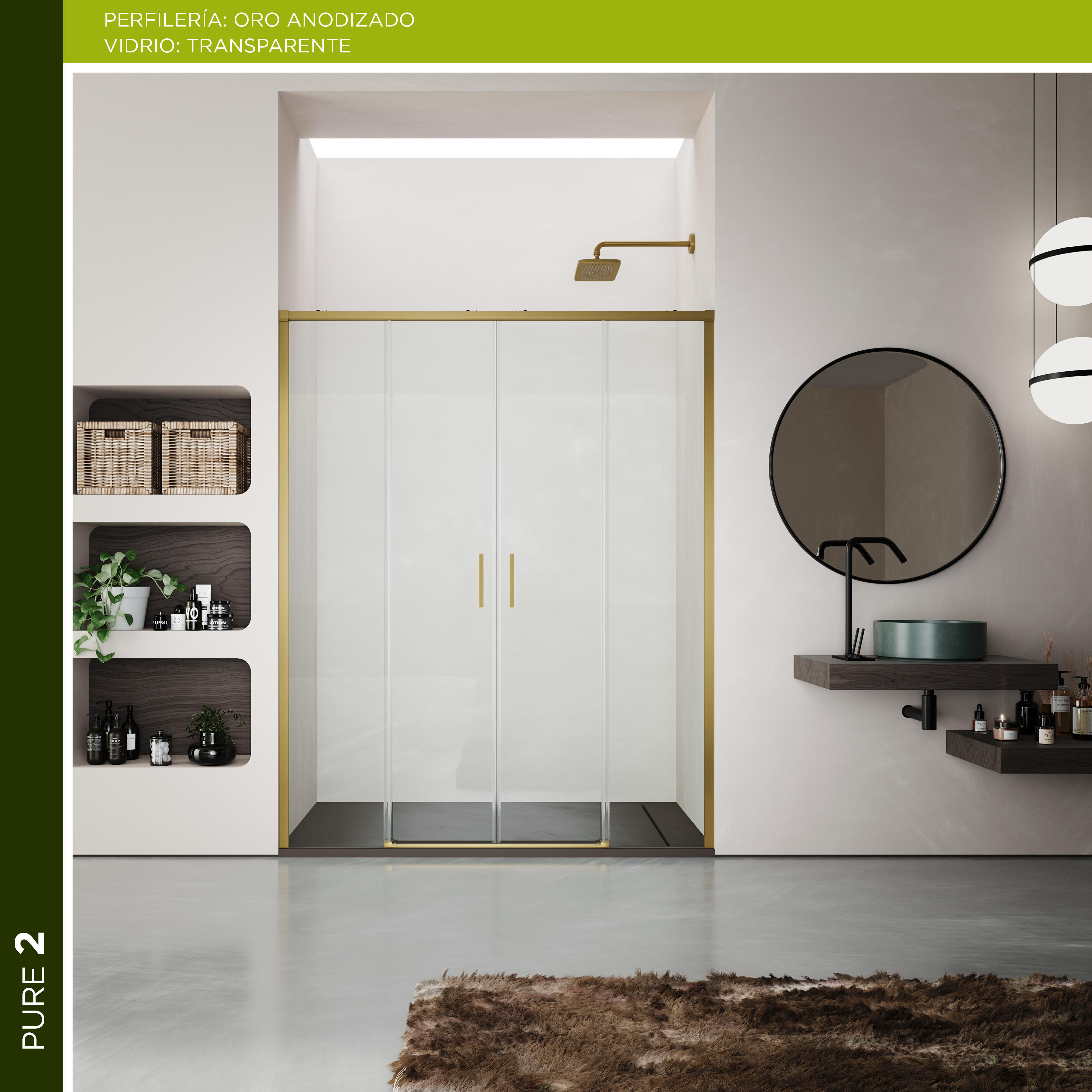 Mampara de ducha frontal corredera transparente pure perfil dorado (198-202)x198 cm
