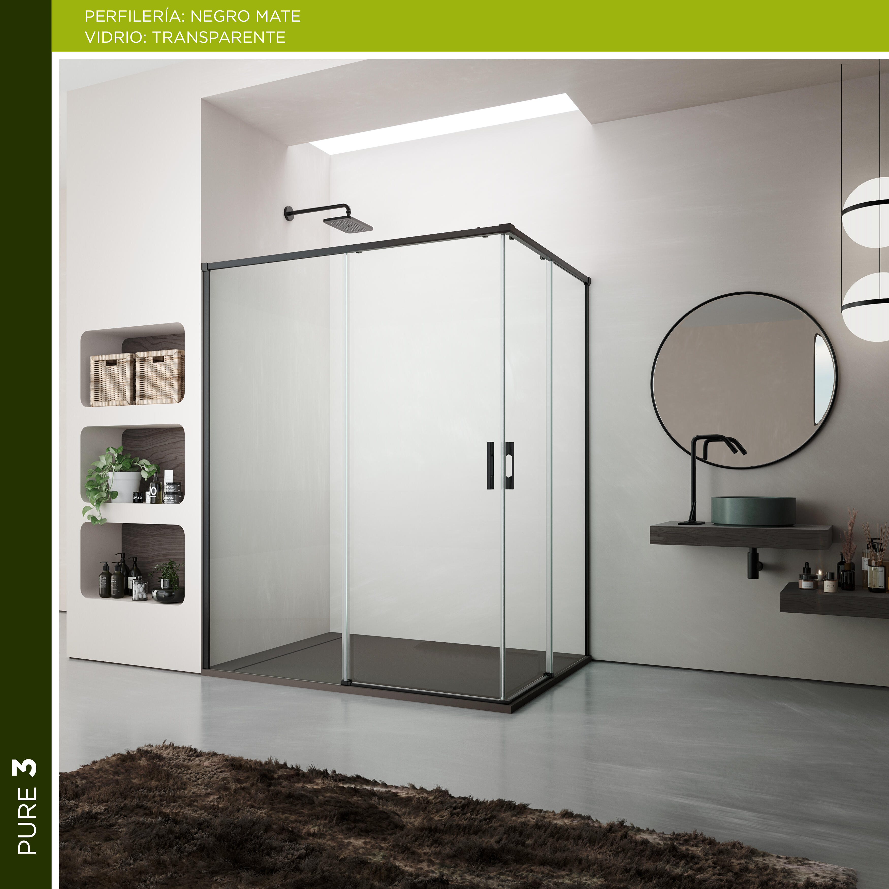 Mampara de ducha corredera transparente pure perfil negro (136-140)x(67-70)x198 cm 6 mm