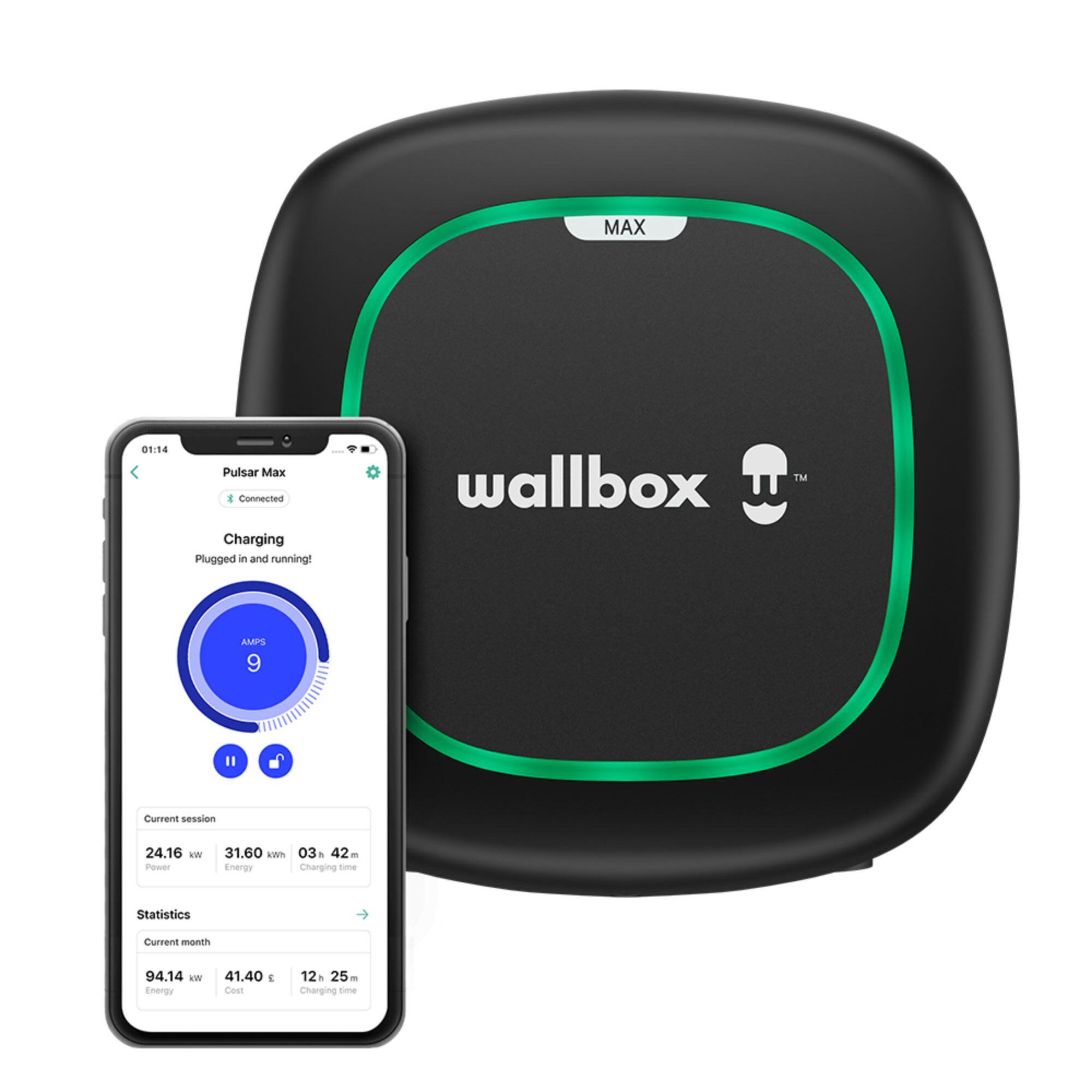 Cargador de vehículo eléctrico wallbox pulsar max 7,4 kw n1-ct negro