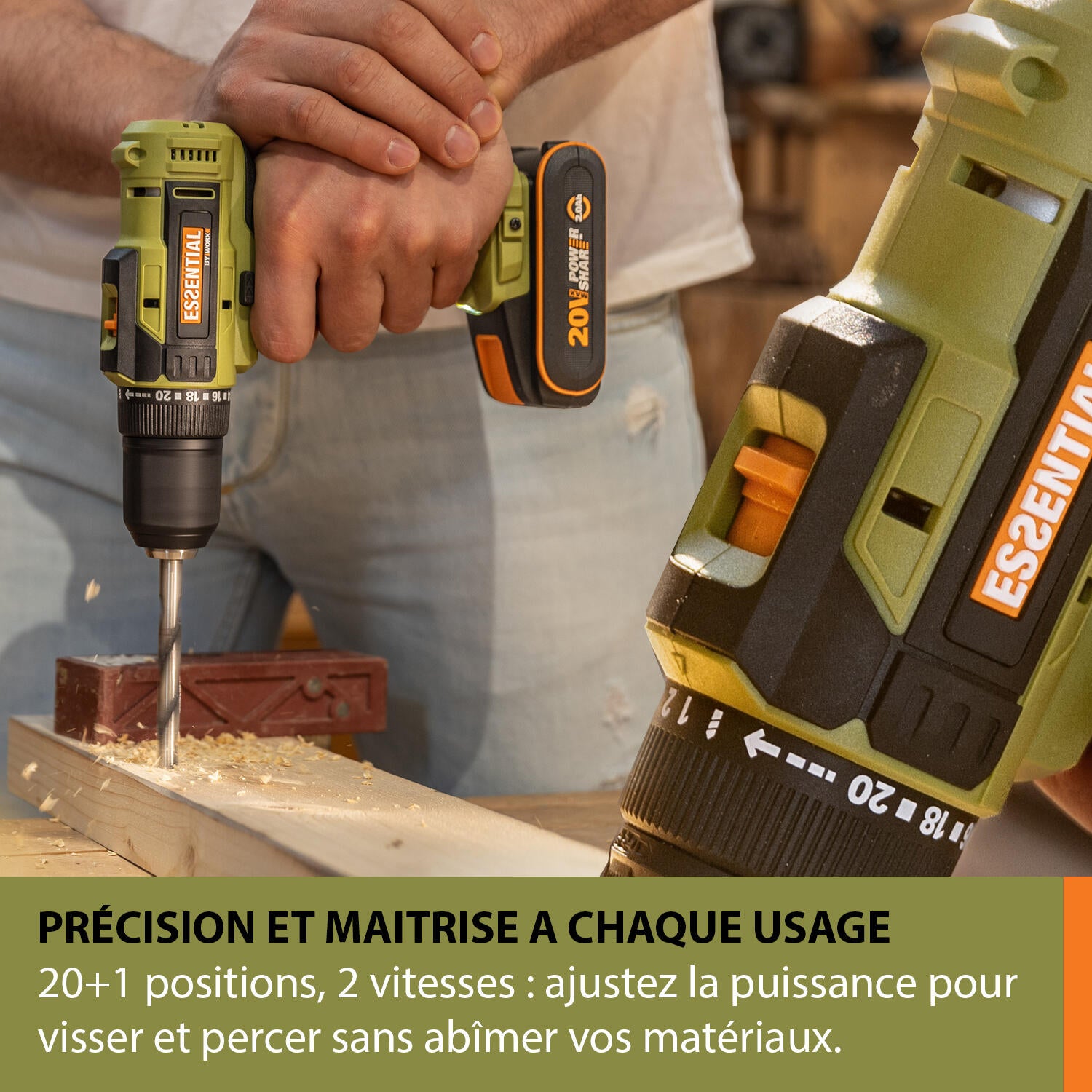 Perceuse sans fil 20 V ESSENTIAL BY WORX Es118, 45 Nm + 1 batterie 2Ah - 3