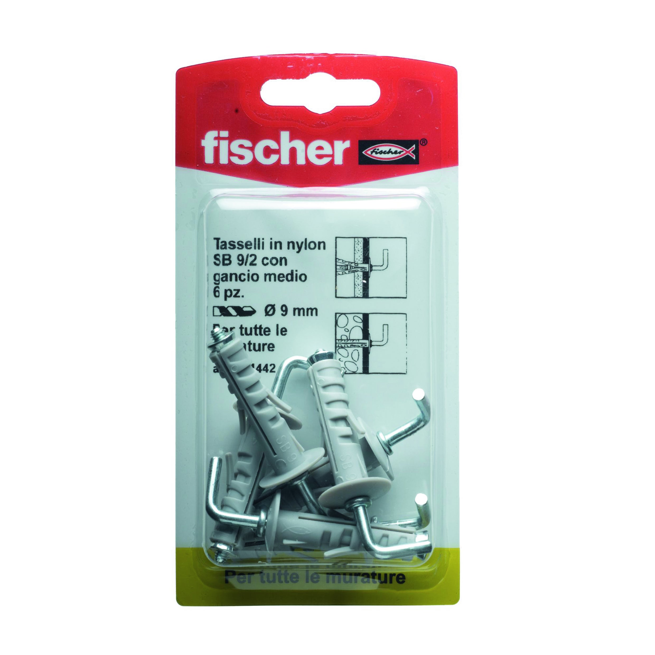 Set di tasselli  con gancio a l FISCHER SB 9/2 K - L.verde  in nylon 6 pezzi - 2