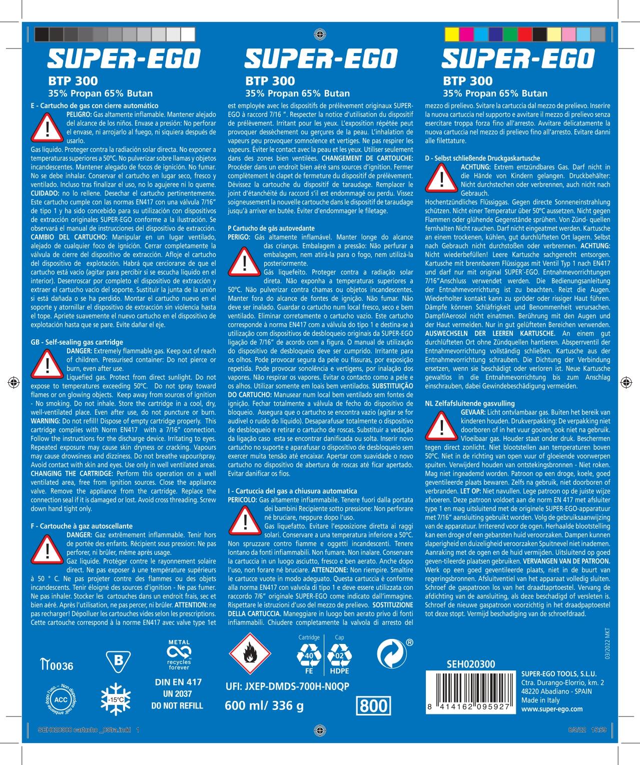 Cartucho de gás SUPER-EGO BTP 300 600ML - 3