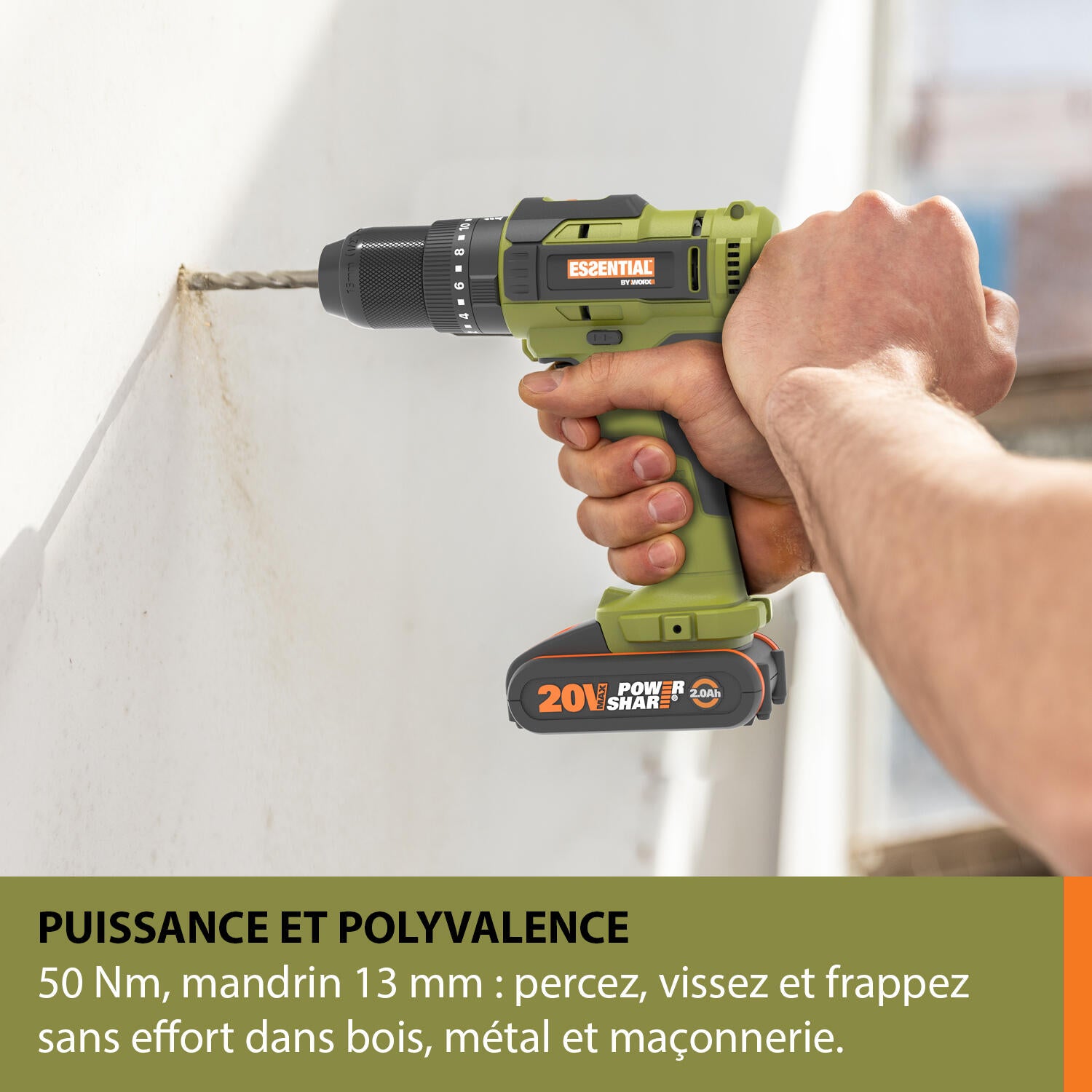 Perceuse à percussion 20 V ESSENTIAL BY WORX Es376, 50 Nm + 2 batteries 2Ah - 3