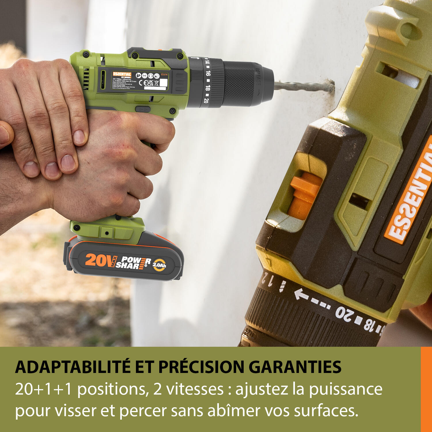 Perceuse à percussion 20 V ESSENTIAL BY WORX Es376, 50 Nm + 2 batteries 2Ah - 5