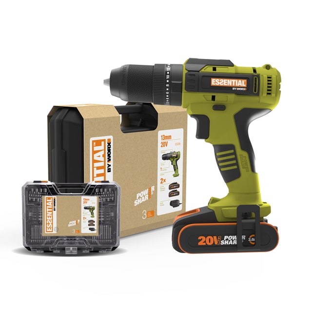 Perceuse à percussion 20 V ESSENTIAL BY WORX Es376.1, 50 Nm + 2 batt 2Ah + 51acc