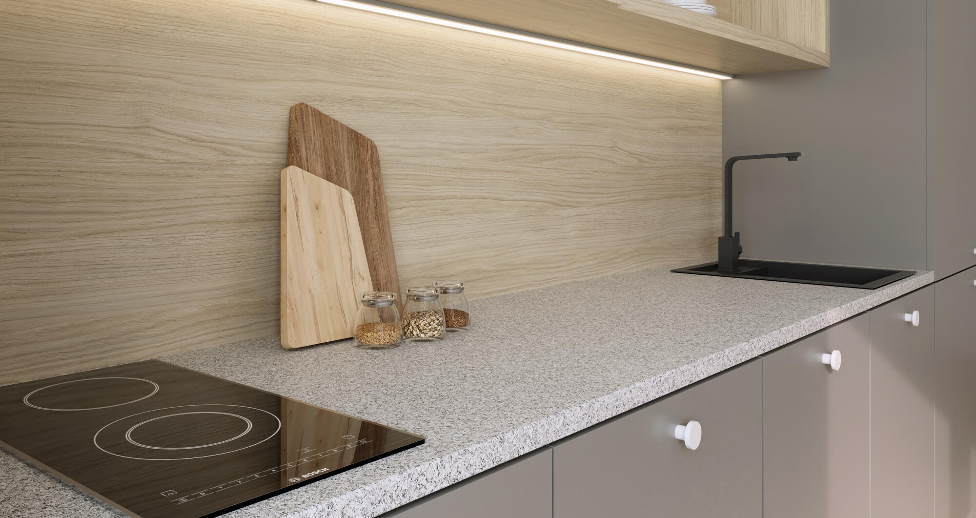 Tampo de bancada de cozinha aglomerado aspeto granito perfil recto cinza 240x63 cm 3 mm Finsa Gala - 5