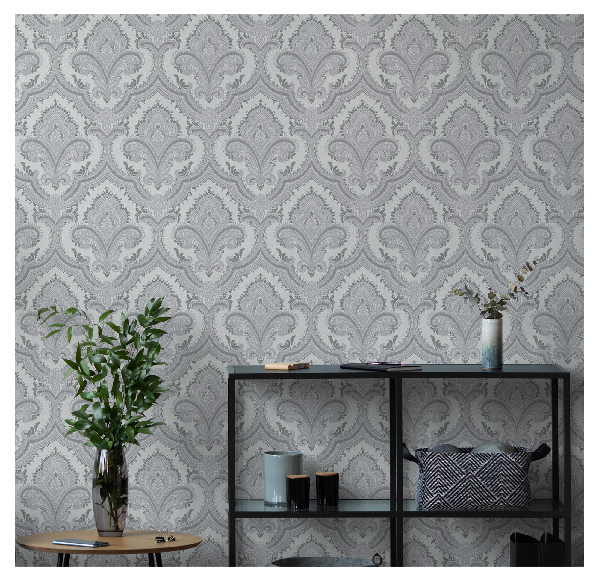 Papel pintado vinilo aplicación cola en pared geométrico damasco 520316 gris did 53cmx10m lavable apto para cocinas o baños