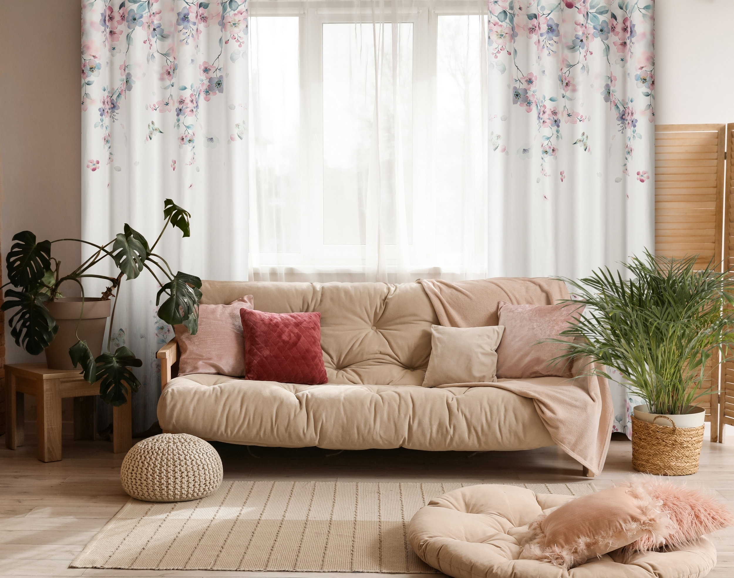 Zasłona Flora Botanic biało-różowa 140 x 250 cm na przelotkach - 2