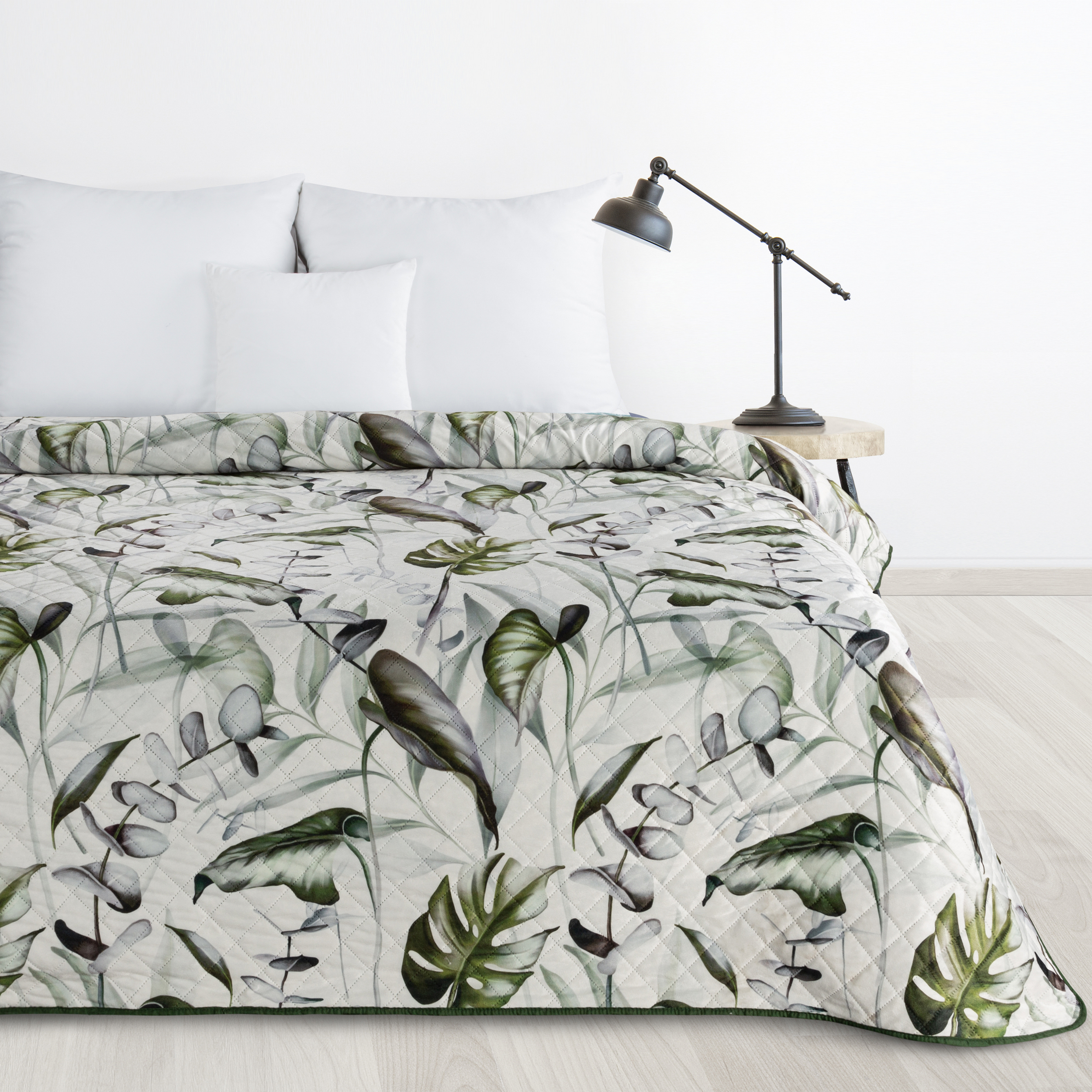 Narzuta na łóżko 200x220 cm Ellen pikowana zielona biała oliwka monstera poliester - 2
