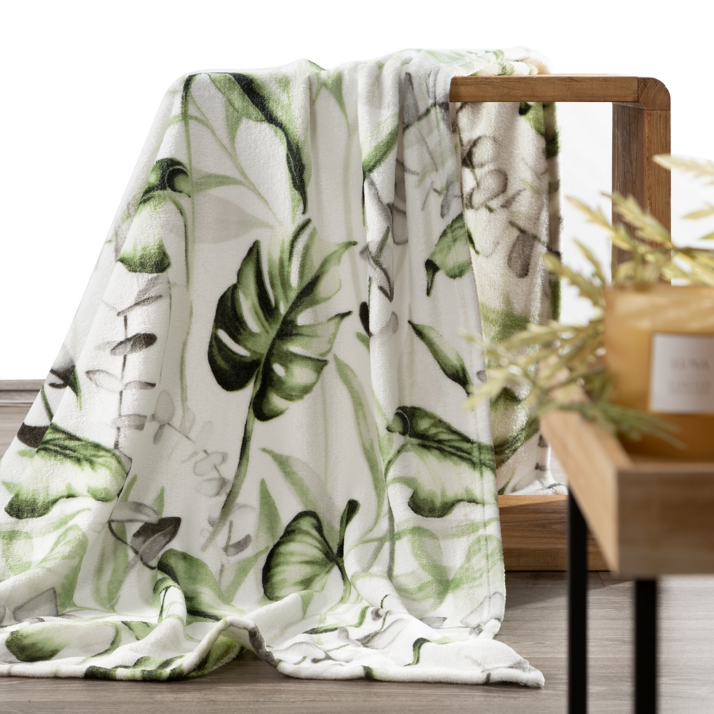 Koc 150x200 cm Ellen zielona biała oliwka monstera poliester - 2