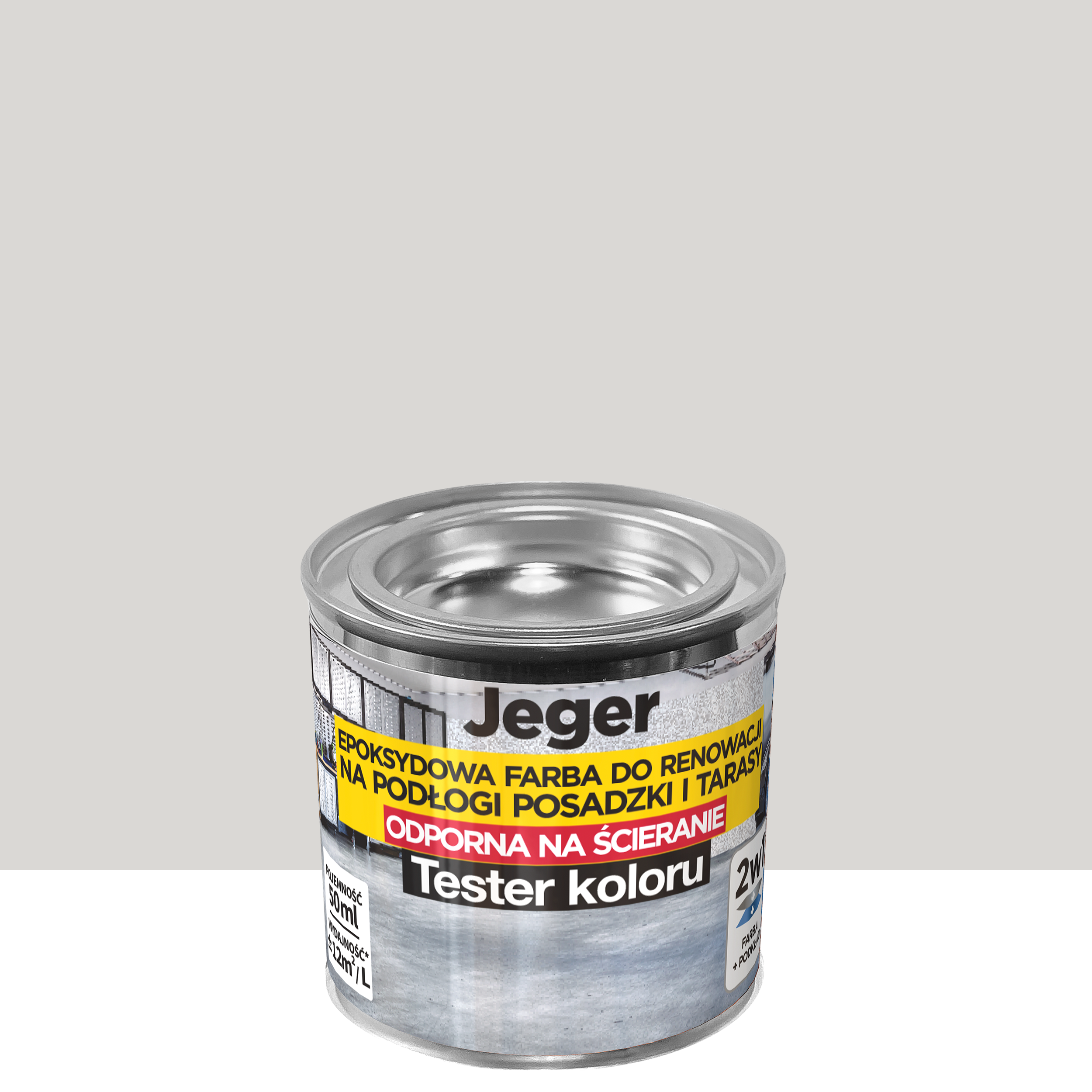 Tester farby renowacyjnej do podłóg, posadzek i tarasów Delikatny szary 50 ml Jeger