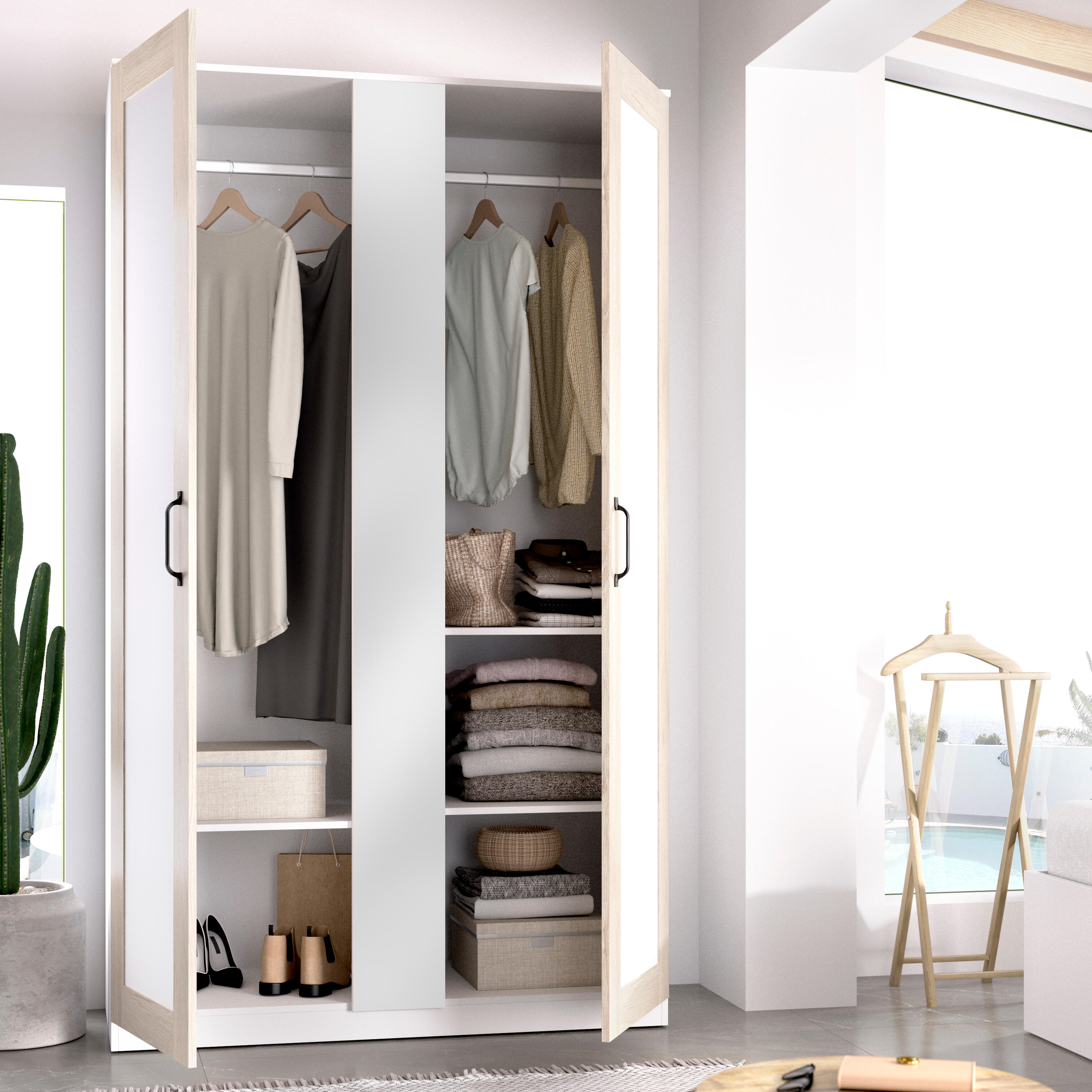 Armario puerta abatible Classic 120 espejo 121x206x52cm con 2 puertas color roble blanco  - 6