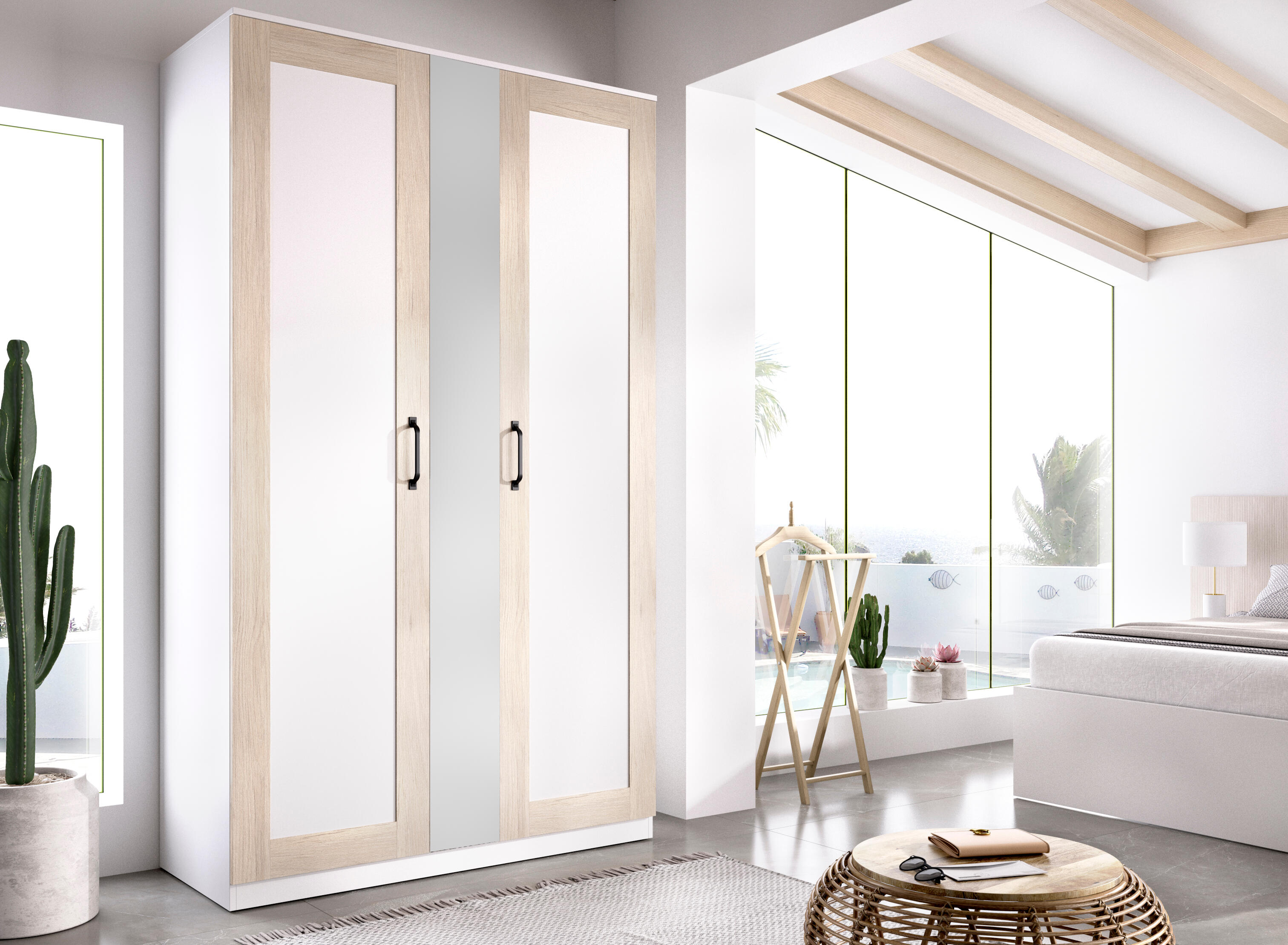 Armario puerta abatible Classic 120 espejo 121x206x52cm con 2 puertas color roble blanco  - 3
