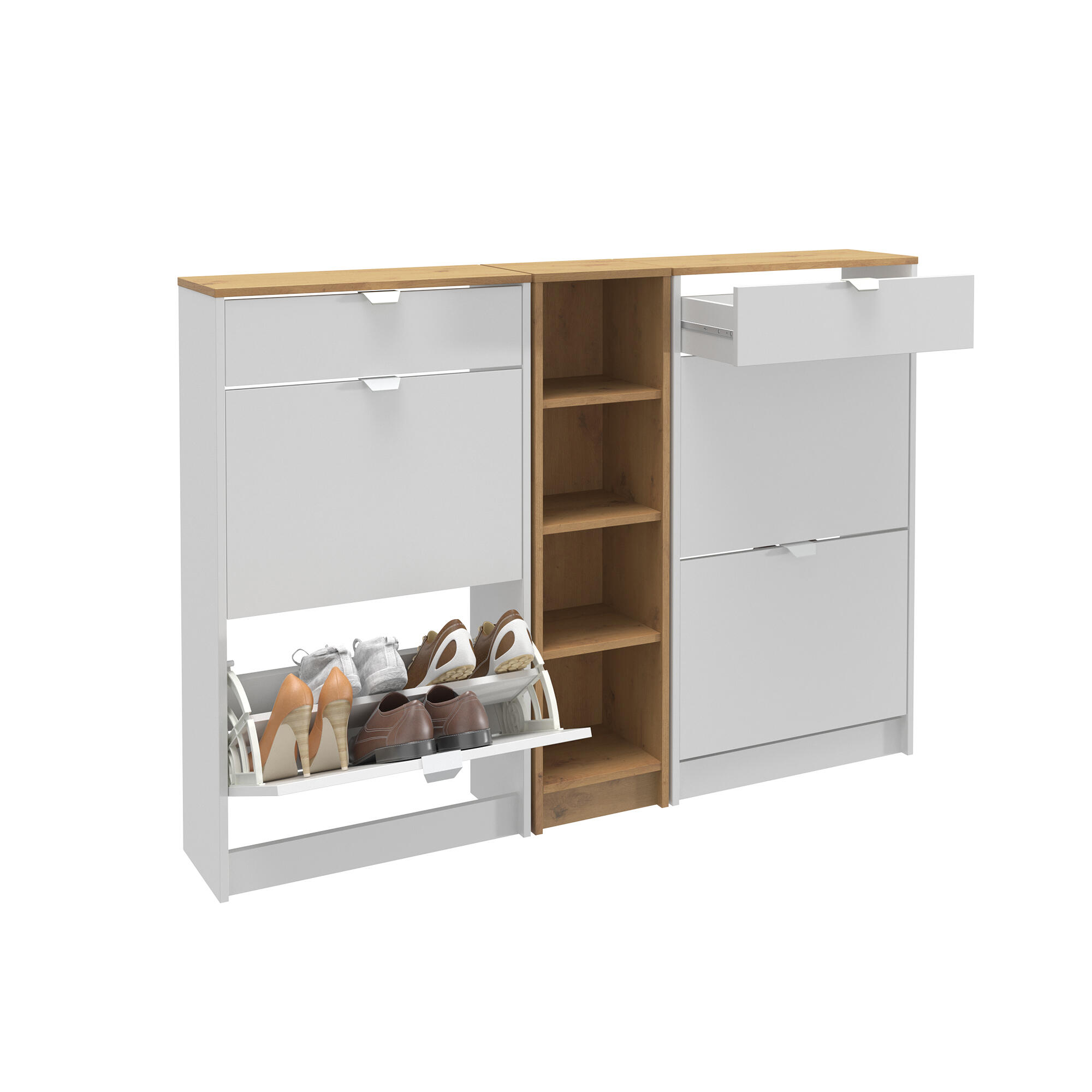 Zapatero Braila con 2 compartimentos para 8 pares en melamina color blanco y marrón 70x107x25 cm - 13