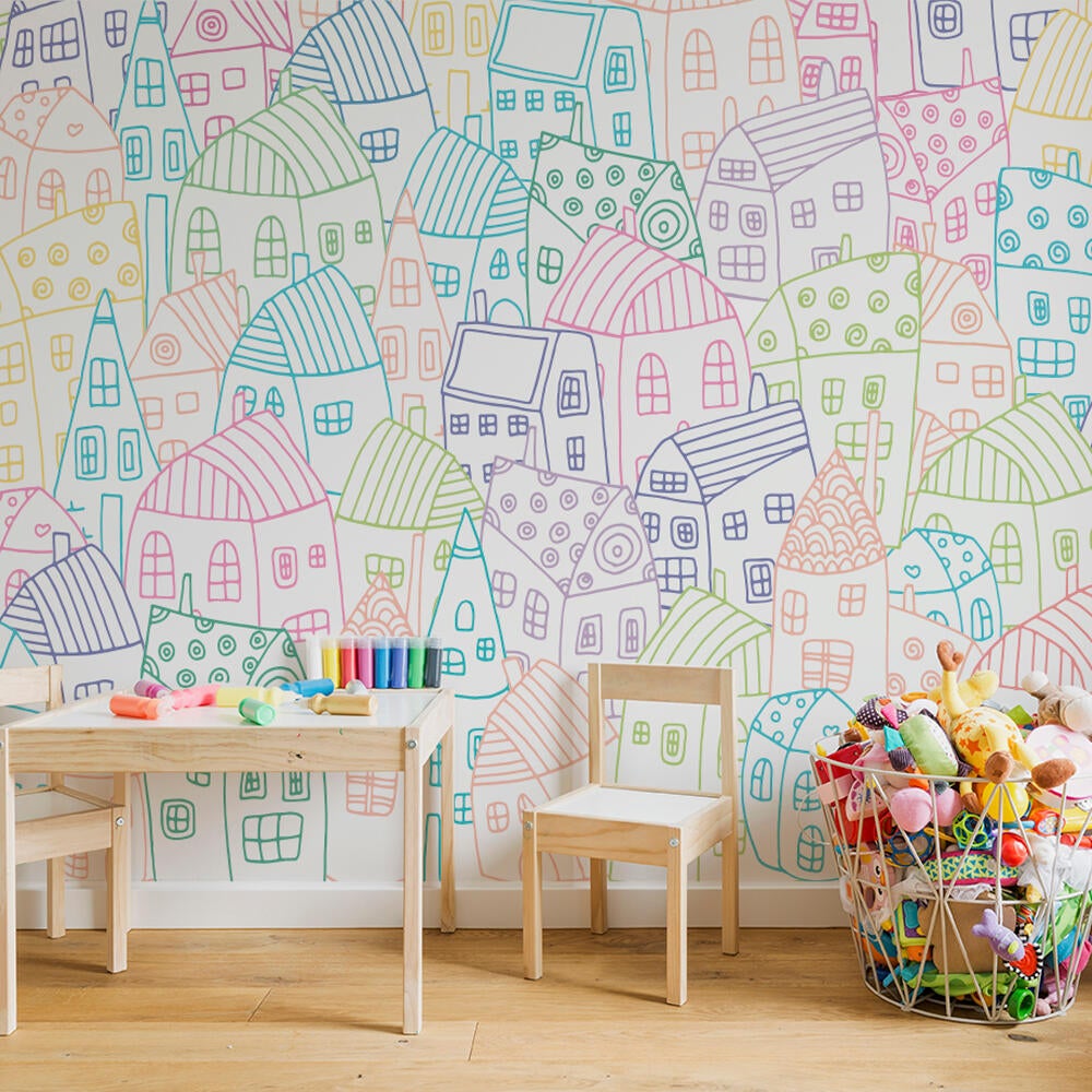 Mural adhesivo vinilo texturado limpieza con paño húmedo infantil village multicolor 132 x 260 cm motif