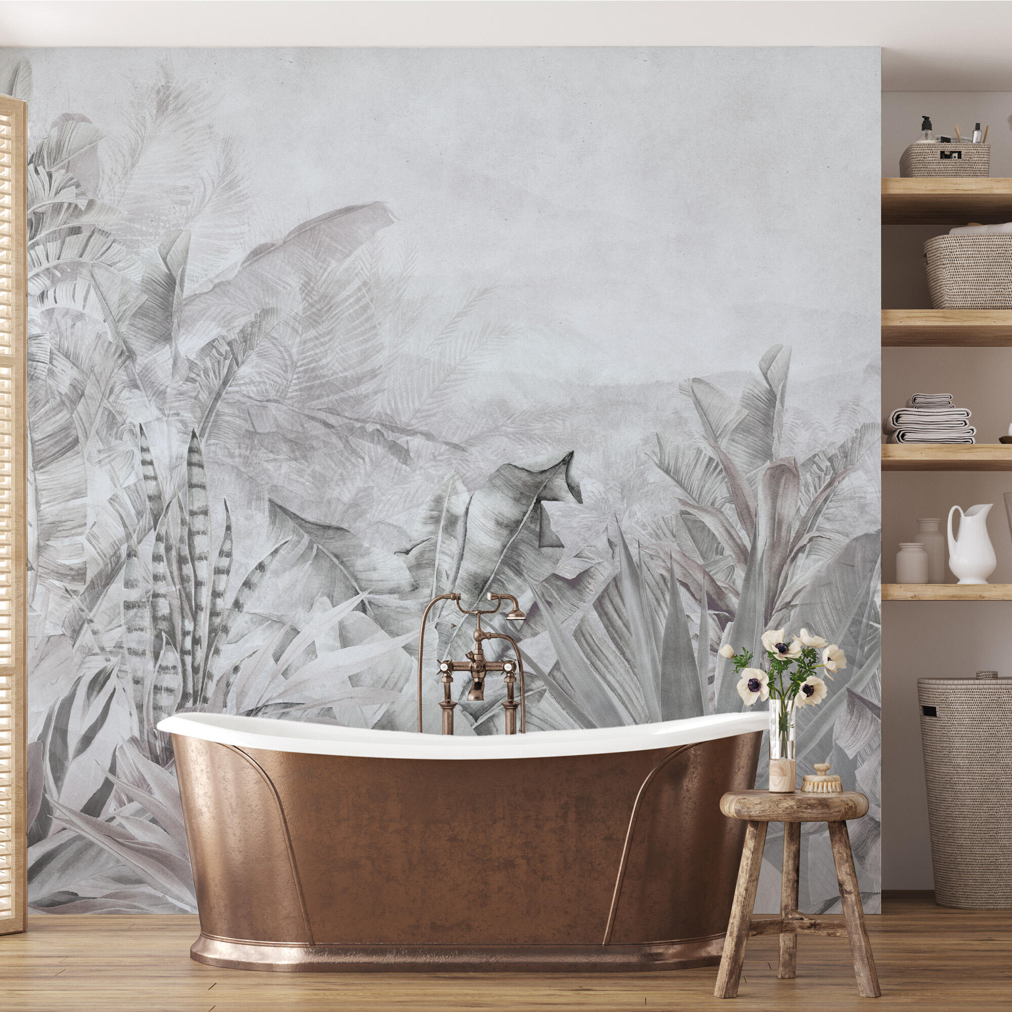 Mural adhesivo vinilo texturado naturaleza tropical sage gris 321 x 280 cm motif