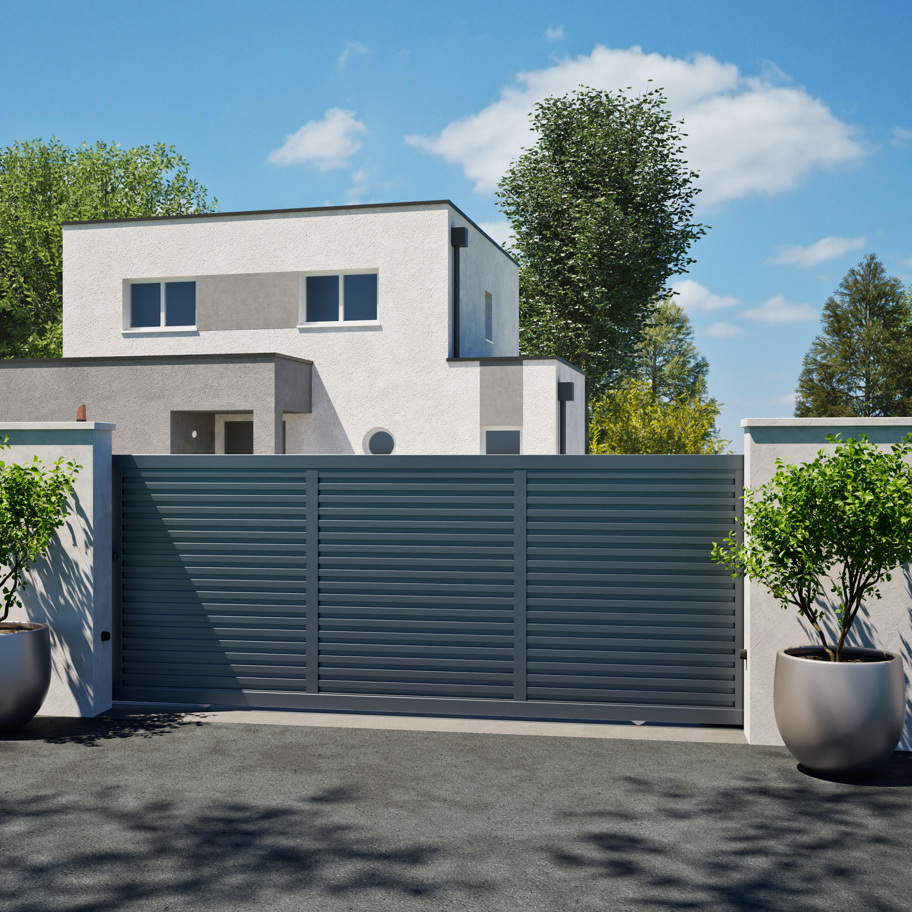 Portail coulissant aluminium anthracite - inspiration NIMESTORE MENUISERIES