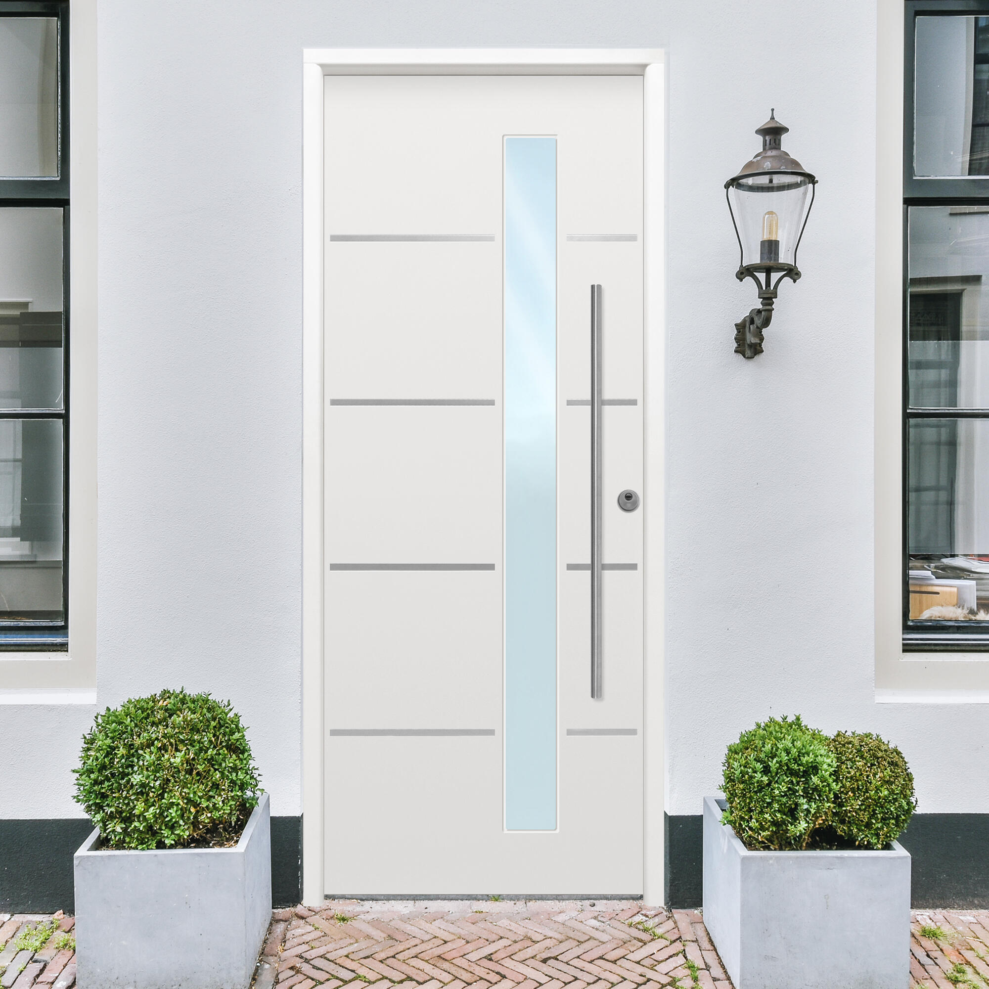 Puerta de entrada metálica serie saga cintia con cristal fresada blanco /interior liso blanco apertura izquierda 210x90cm