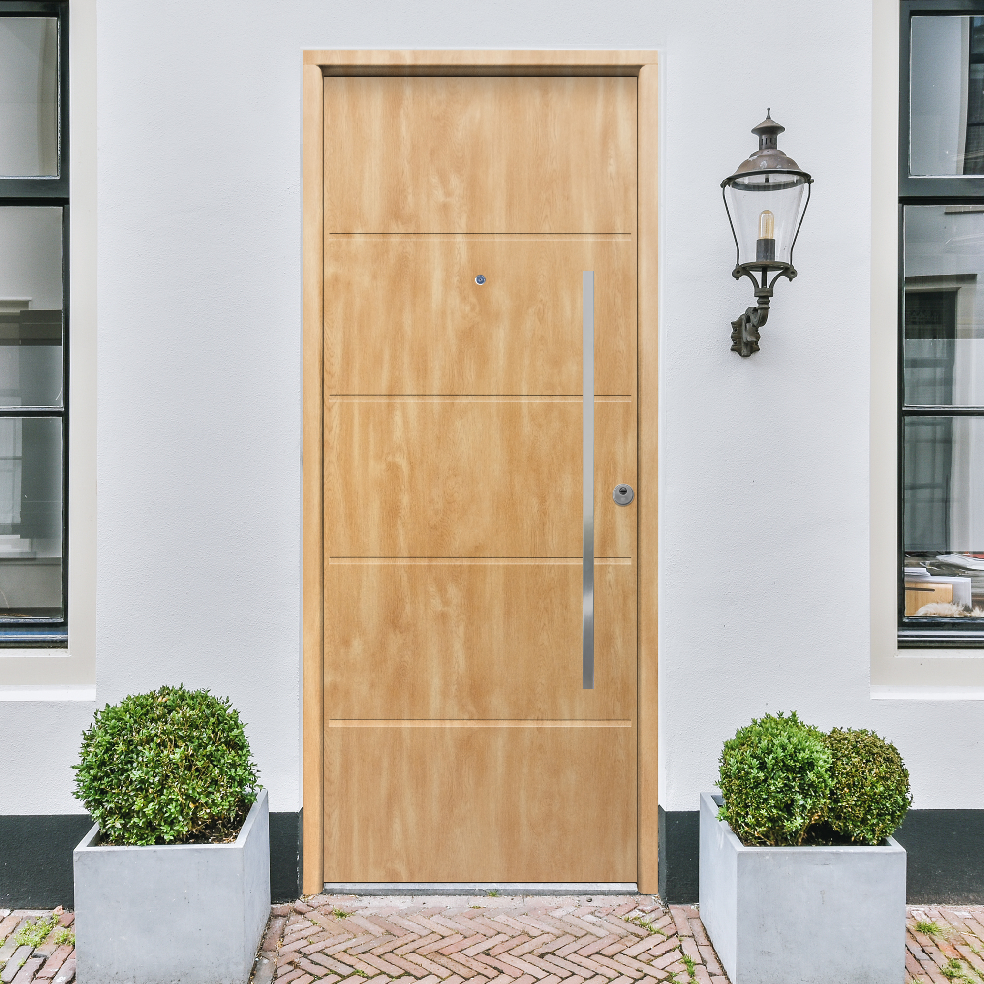 Puerta de entrada metálica serie saga cintia fresada roble /interior liso roble apertura izquierda 210x90cm