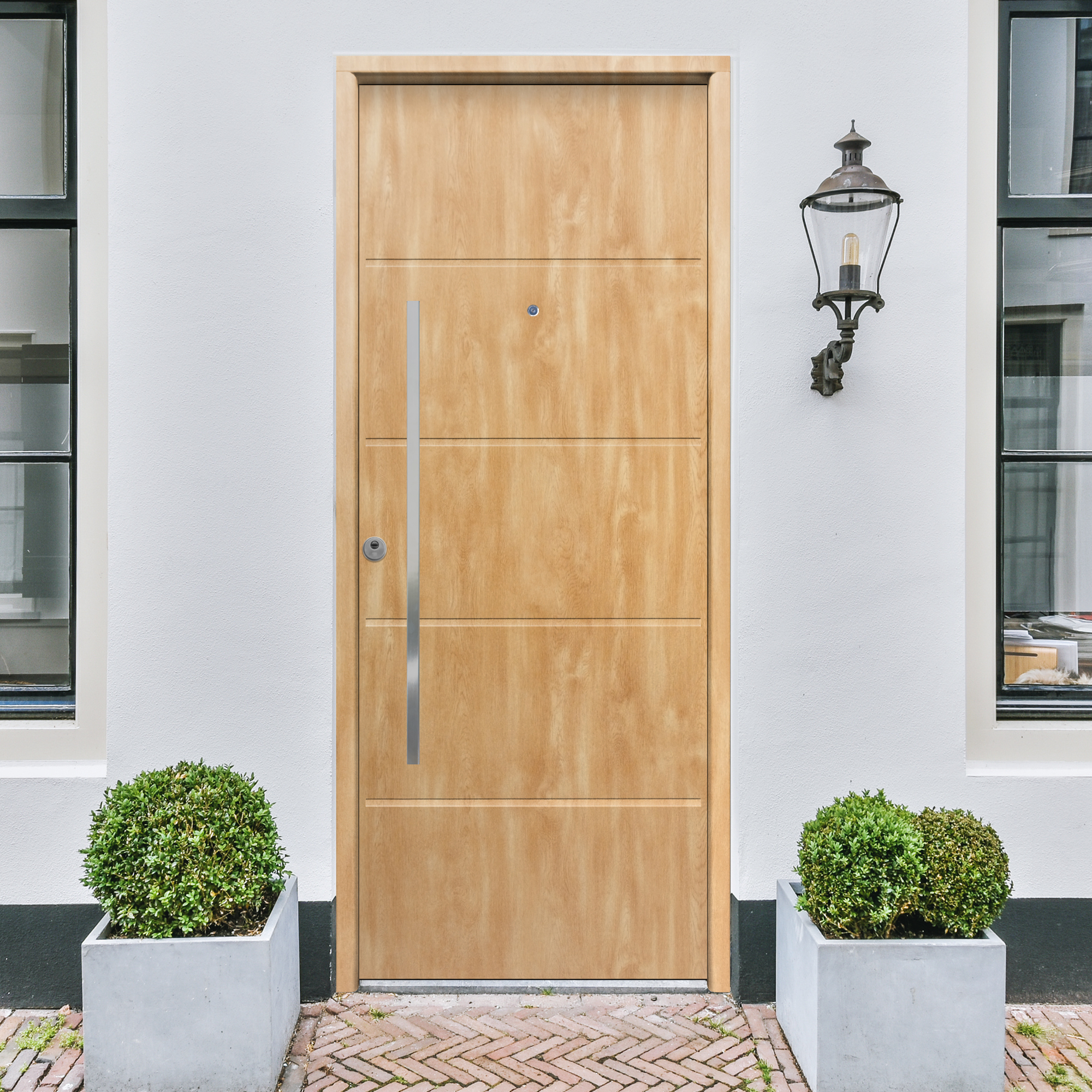 Puerta de entrada metálica serie saga cintia fresada roble /interior liso roble apertura derecha 210x90cm