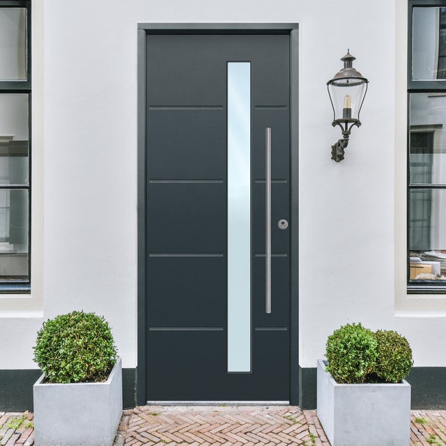 Puerta de entrada metálica serie Saga Cintia con cristal fresada gris 7016 /interior liso gris 7016 apertura izquierda 210x90cm